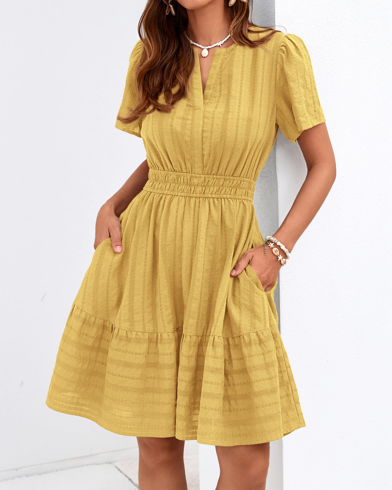 BTFBM Womens Spring  Casual Mini Dresses Lightweight Short Sleeve V Neck Elastic Waist Cute Boho Beach Dress Pockets