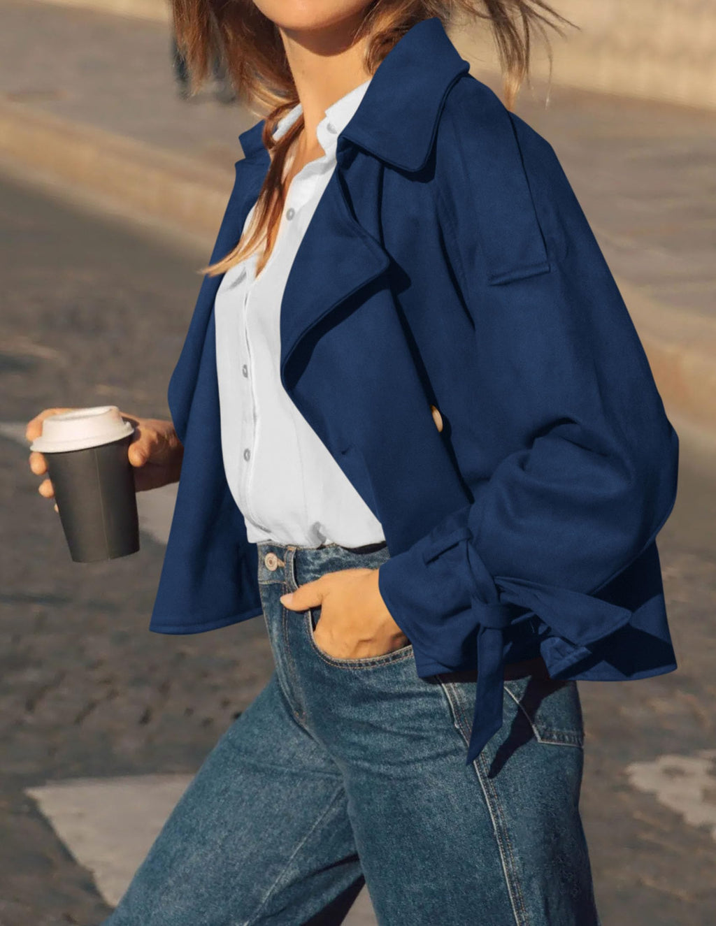 PRETTYGARDEN Women Faux Suede Double Breasted Trench Coat Cropped Jackets Raglan Long Sleeve,Lapel,Tie Cuff,Button Down,Fall Fashion Outerwear,Winter Clothes,Work Office Casual Short Jacket