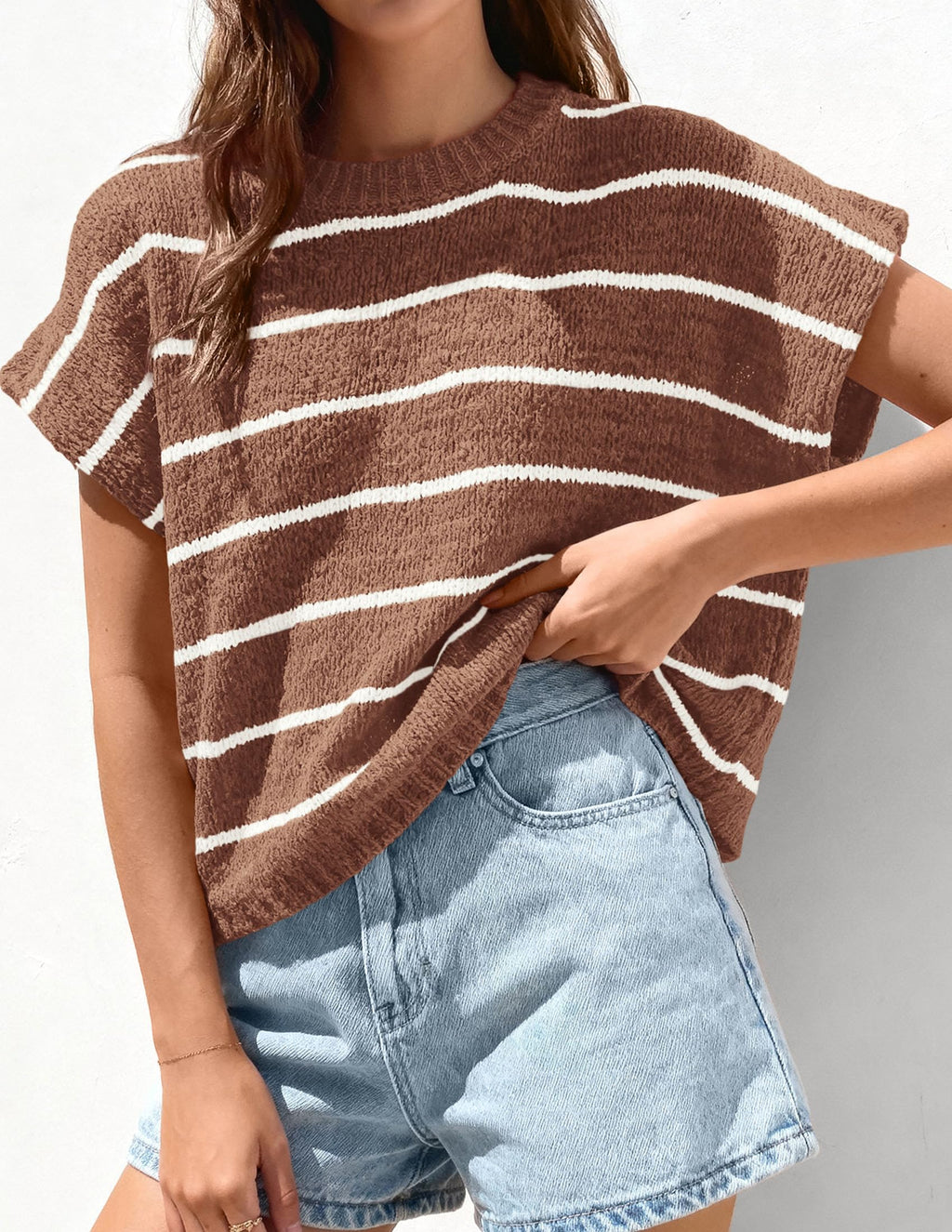 PRETTYGARDEN Womens Summer Short Sleeve Tops Trendy Crew Neck Striped Knit Sweater Business Casual Spring Clothes