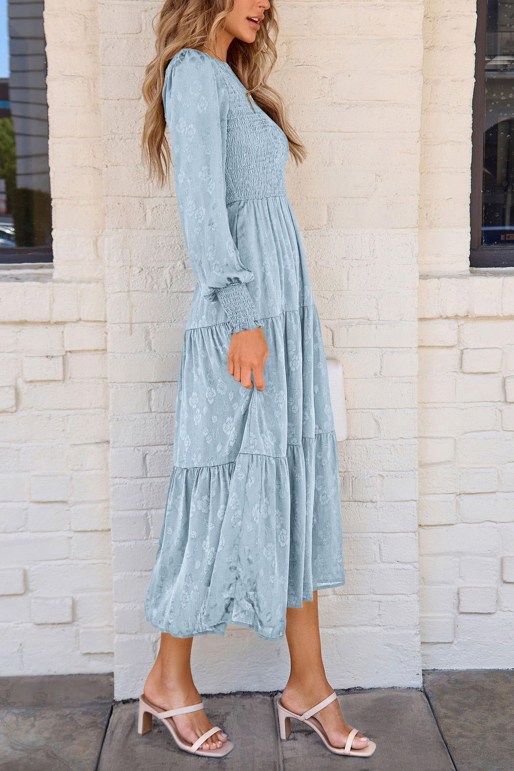 PRETTYGARDEN Women's Fall Spring Midi Dress Long Sleeve Floral Smocked Elegant Wedding Guest Long Flowy Dresses with Pockets