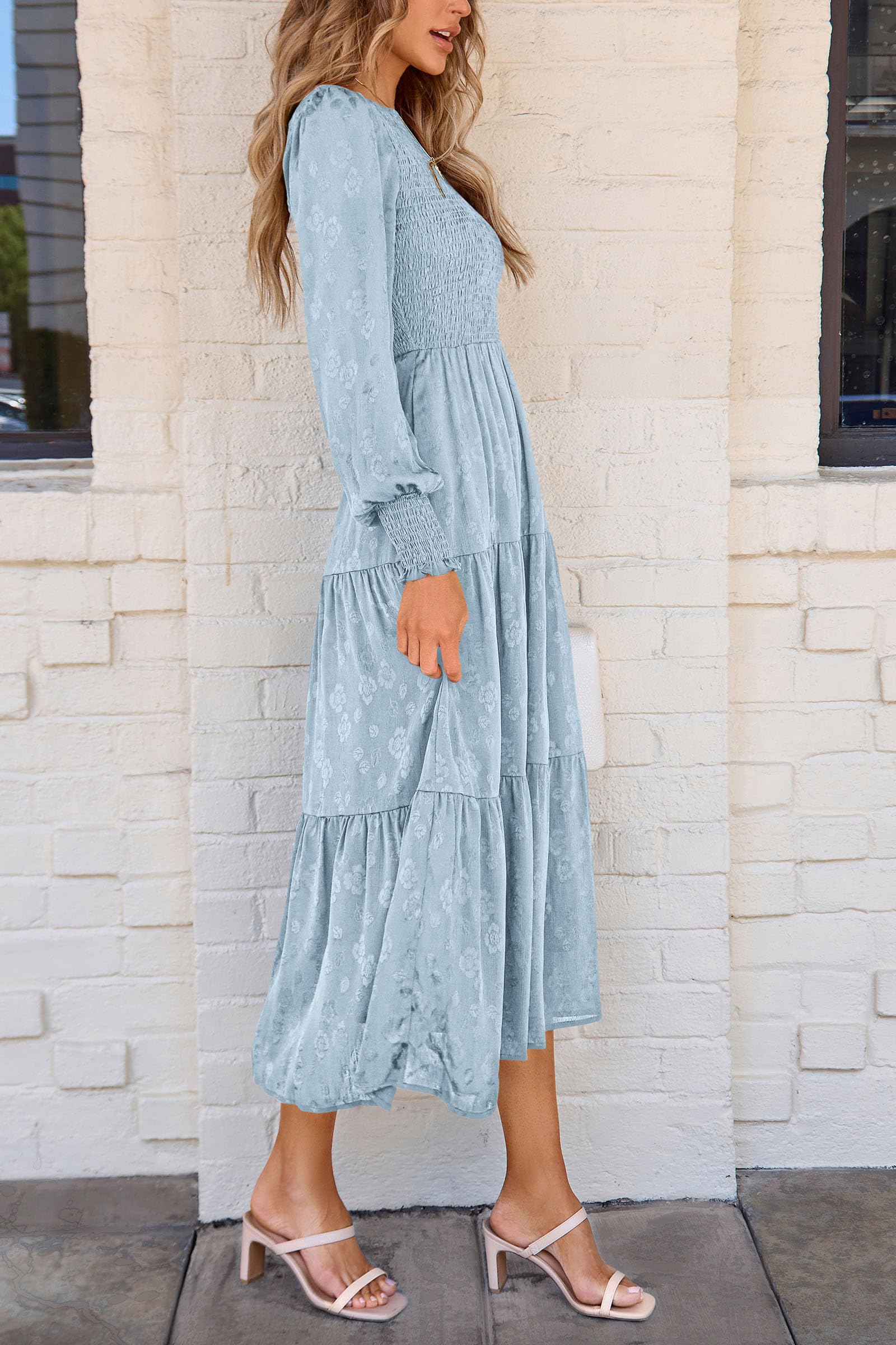 PRETTYGARDEN Women's Fall Spring Midi Dress Long Sleeve Floral Smocked Elegant Wedding Guest Long Flowy Dresses with Pockets