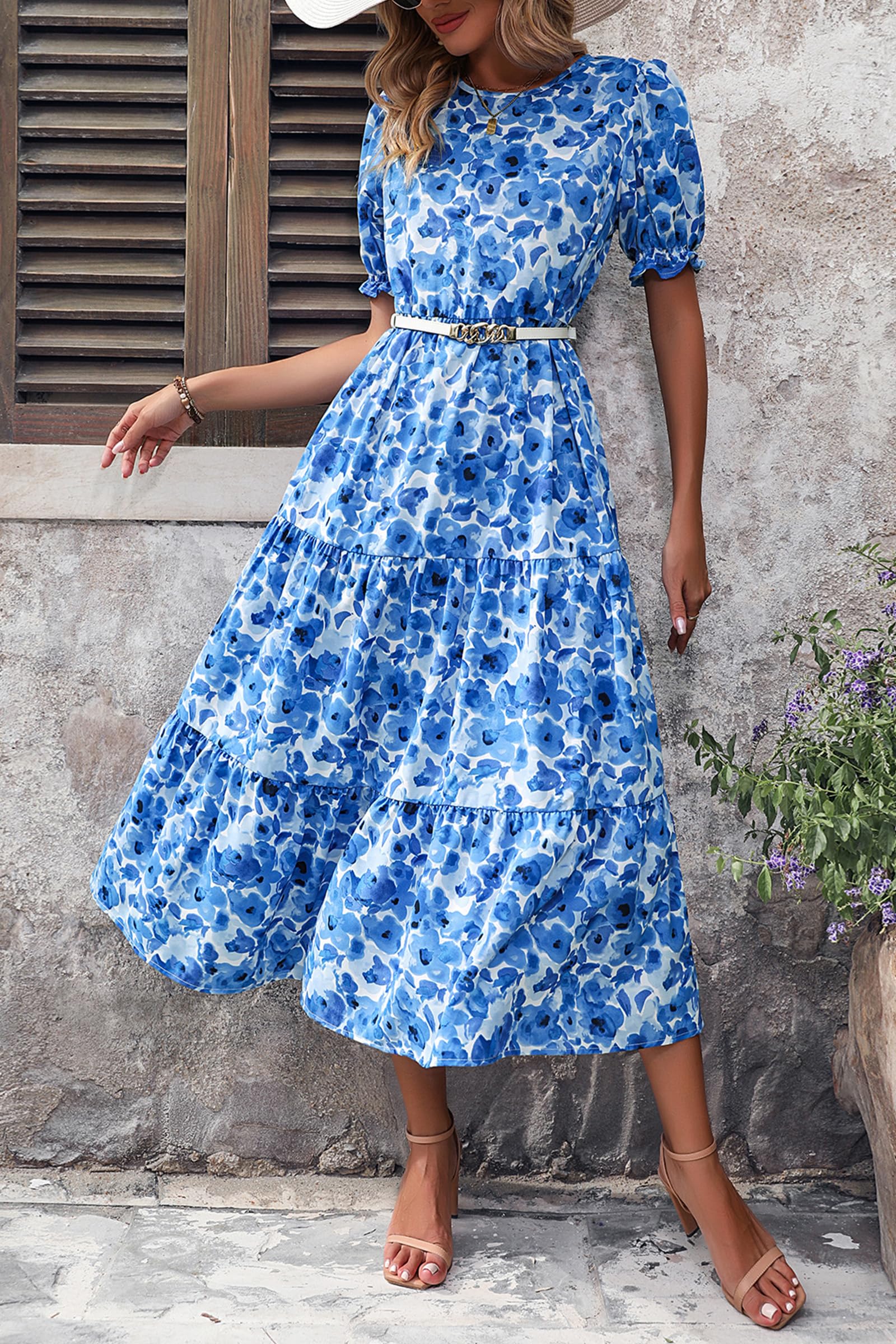 PRETTYGARDEN Summer Dresses for Women Casual Floral Boho Midi Sun Dress Puff Short Sleeve Flowy Beach Vacation Sundress