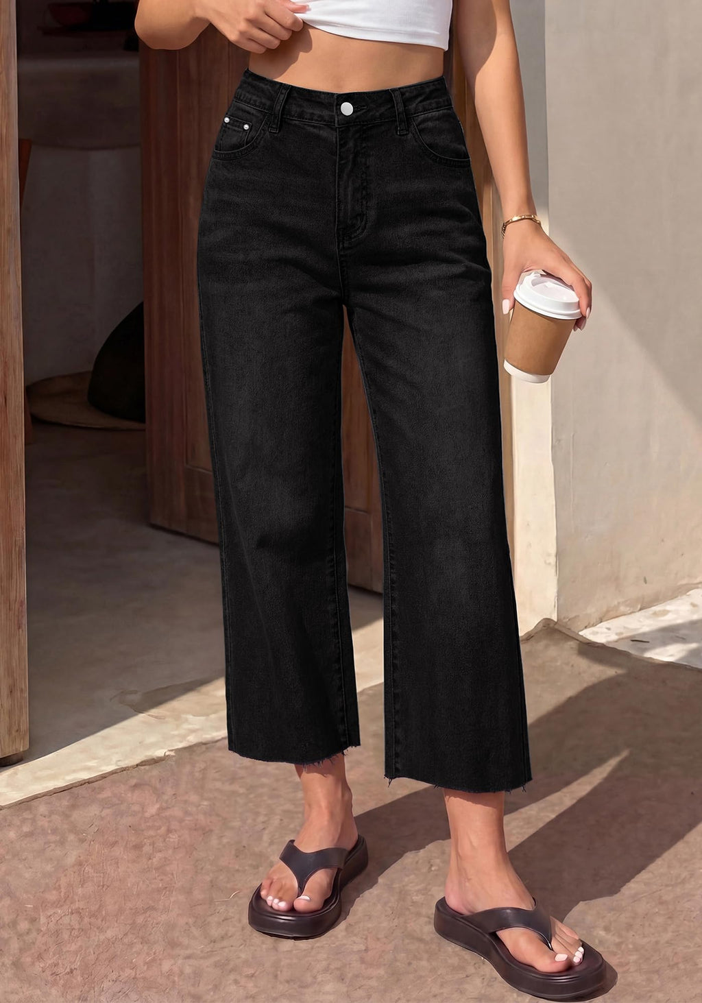 BTFBM Jeans for Women Summer High Waisted Button Straight Leg Stretchy Cropped Raw Hem Trendy Denim Pants Pockets