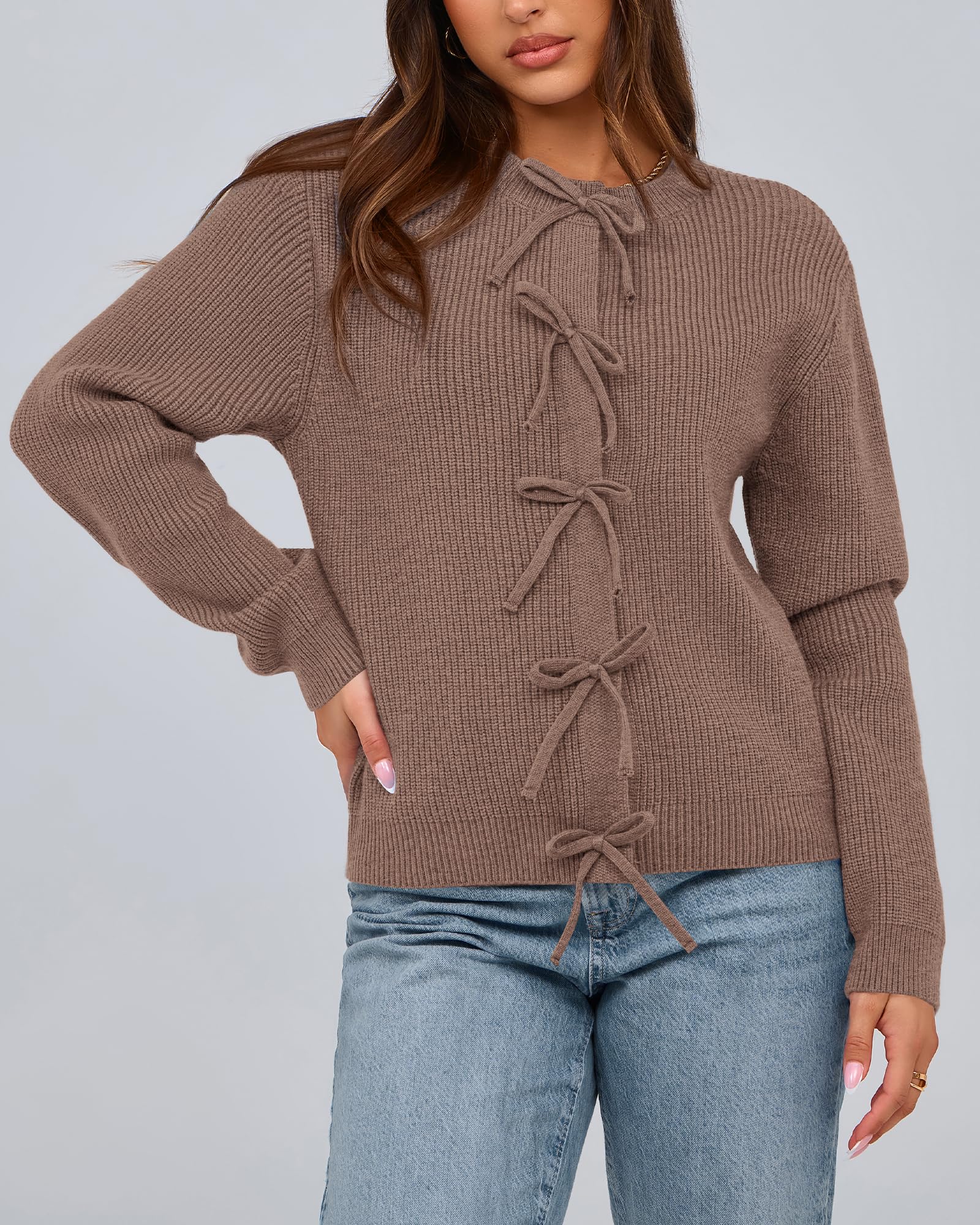 BTFBM Bow Cropped Cardigan Sweaters for Women Fall Winter Open Front Sweater Long Sleeve Button Fashion Spring Clothes
