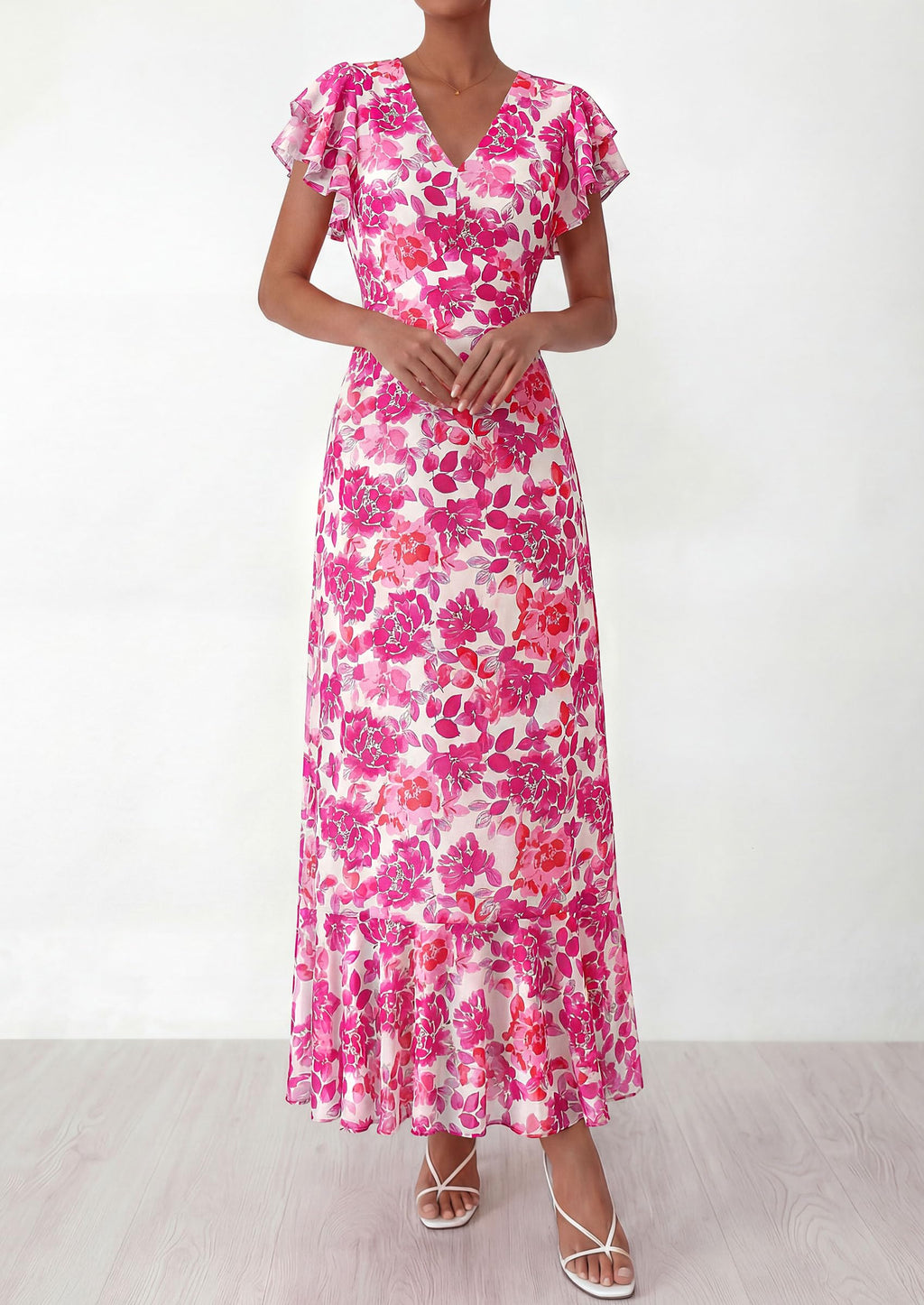 PRETTYGARDEN Womens Summer Floral Maxi Dresses Spring Short Sleeve Ruffle V Neck Flowy Boho Long Beach Vacation Sundress