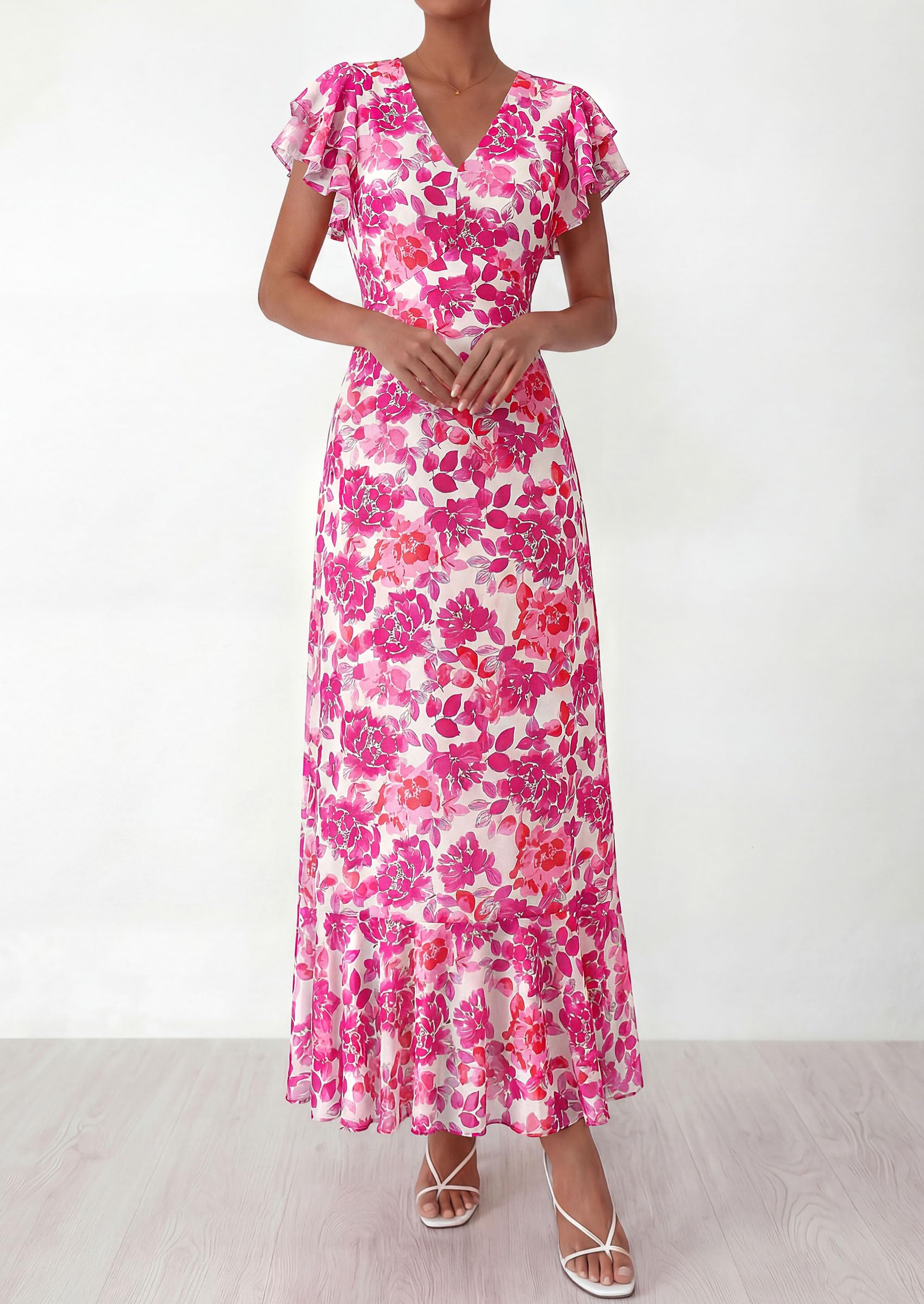 PRETTYGARDEN Womens Summer Floral Maxi Dresses Spring Short Sleeve Ruffle V Neck Flowy Boho Long Beach Vacation Sundress