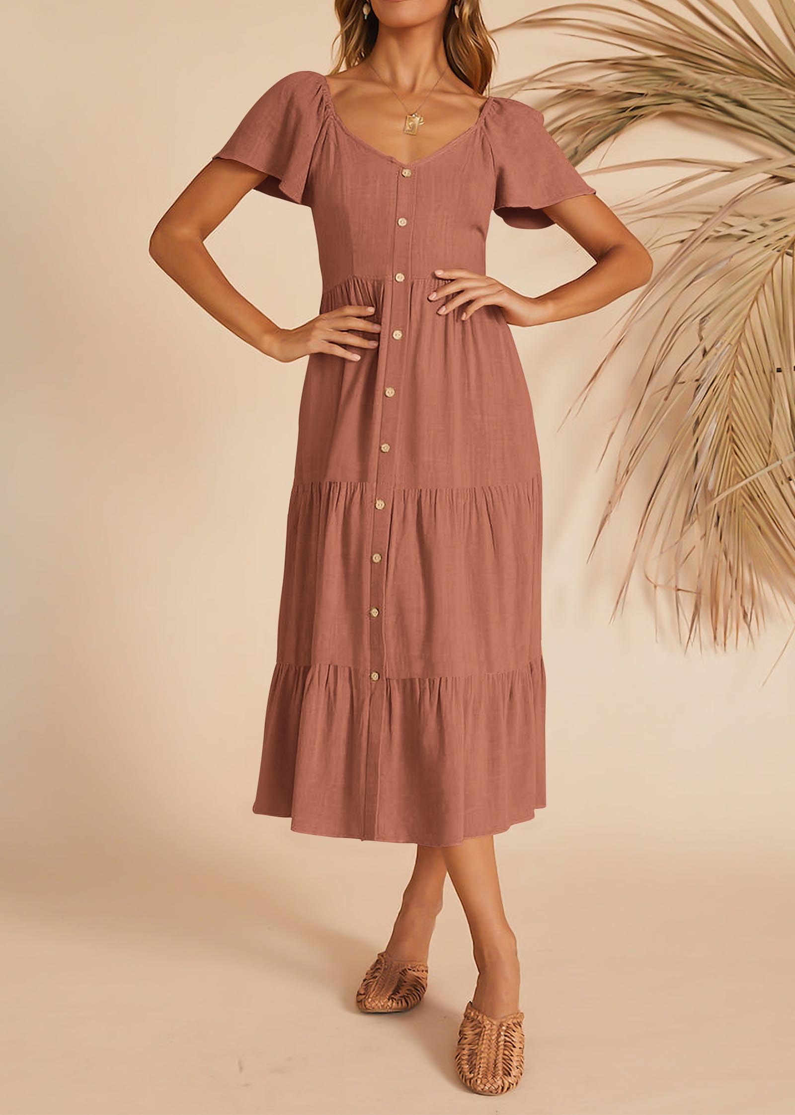 FreshPretty Women Spring Summer Casual Short Sleeve Midi Dress Button V Neck Tiered Vacation Sundress with Pockets