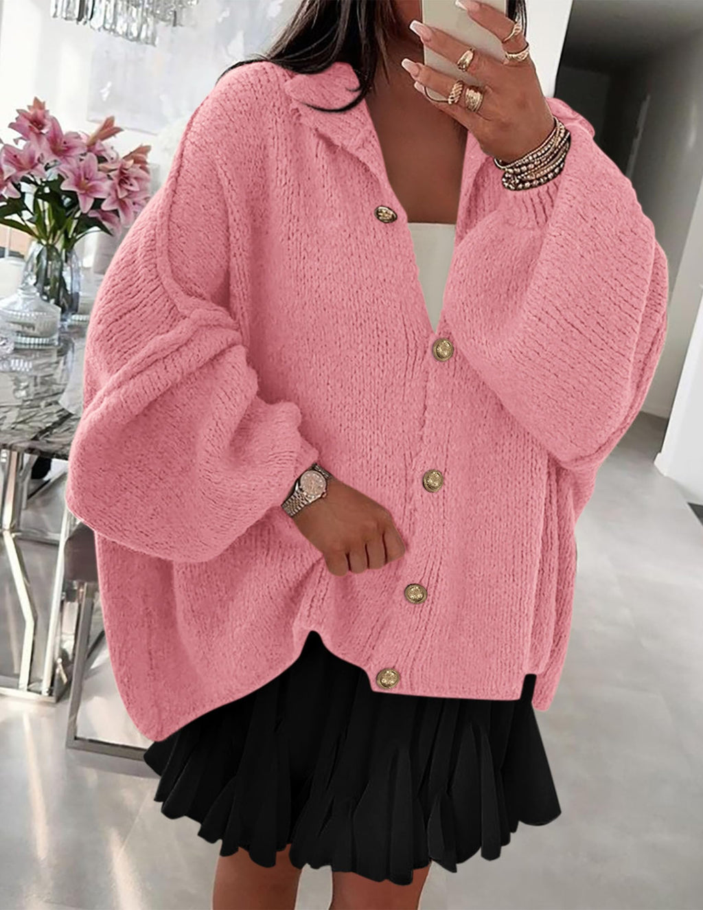 PRETTYGARDEN Women's Winter Button Down Cardigan Sweaters Mock Neck Lantern Long Sleeve Chunky Knit Jacket Trendy Outerwear