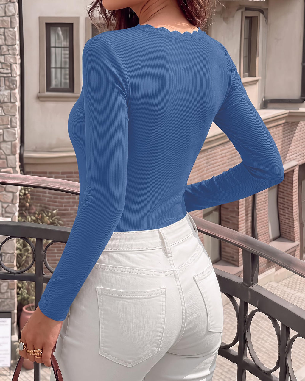BTFBM Lace Deep V Neck Fitted Long Sleeve Shirts for Women | Womens Fall Fashion, Casual T Shirt, Base Layer, Basic Undershirts, Slim Fit Going Out Tops, Date Night Out Outfits