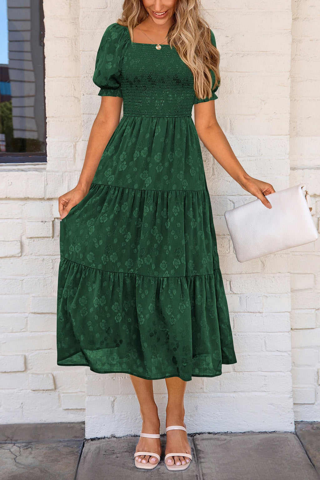 PRETTYGARDEN Women's Summer Casual Midi Dresses Square Neck Short Sleeve Smocked A Line Floral Flowy Elegant Boho Dress