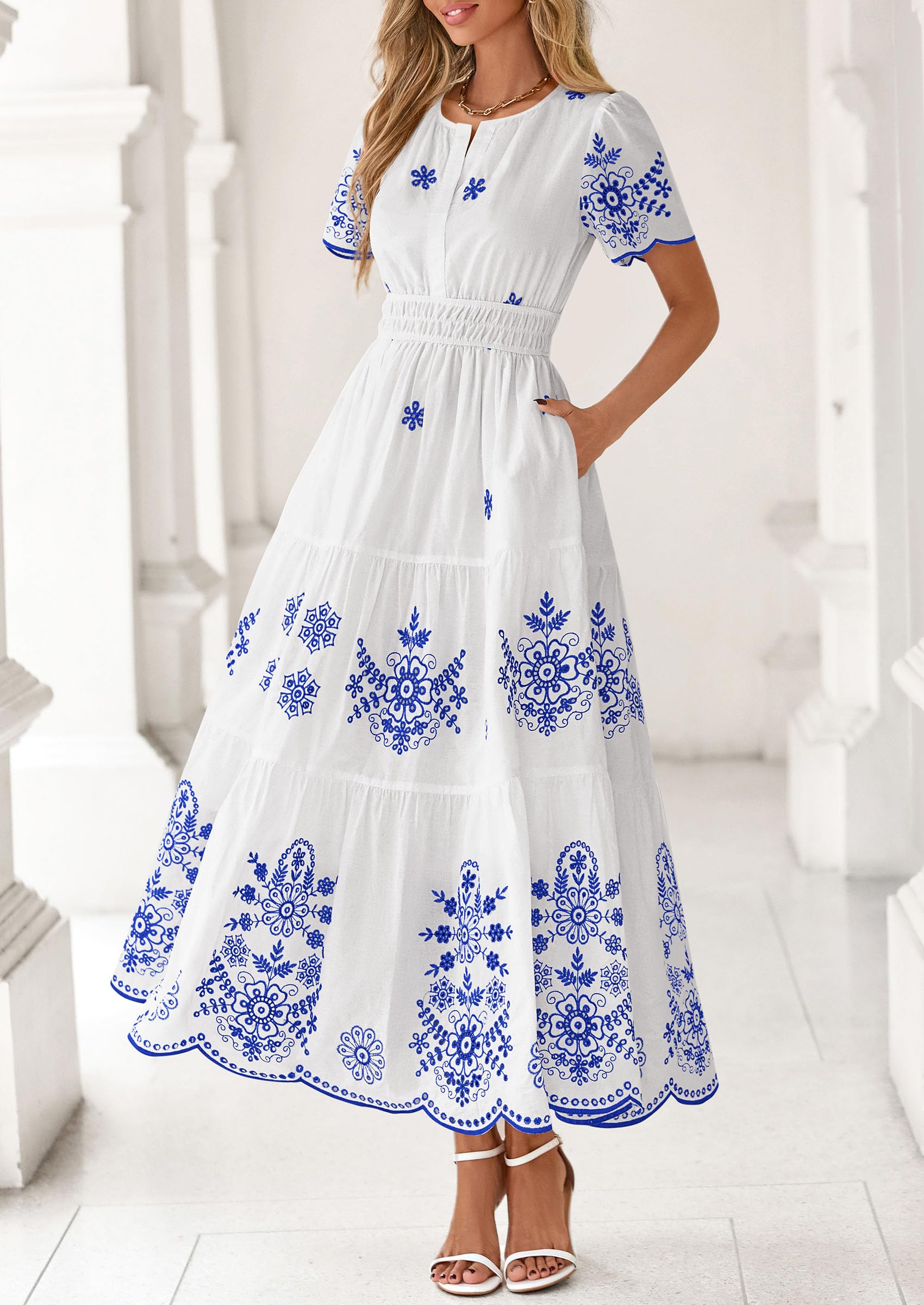 PRETTYGARDEN Boho Dresses for Women Summer Spring Casual Floral Short Sleeve V Neck Maxi Elastic Waist Dress Pockets