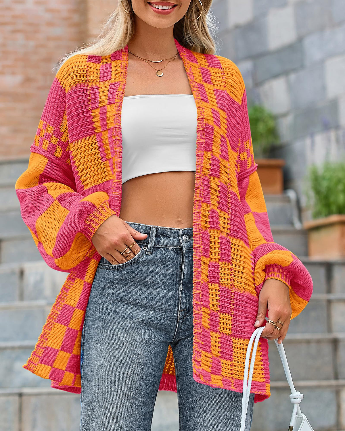 BTFBM Casual Cardigan Sweater for Women Fall Long Sleeve Sweaters Fall Outfits, Loose Fit,Solid,Open Front Chunky Knit Sweaters,Chunky Cardigan Sweaters For Women,Checkered Outwear Coat