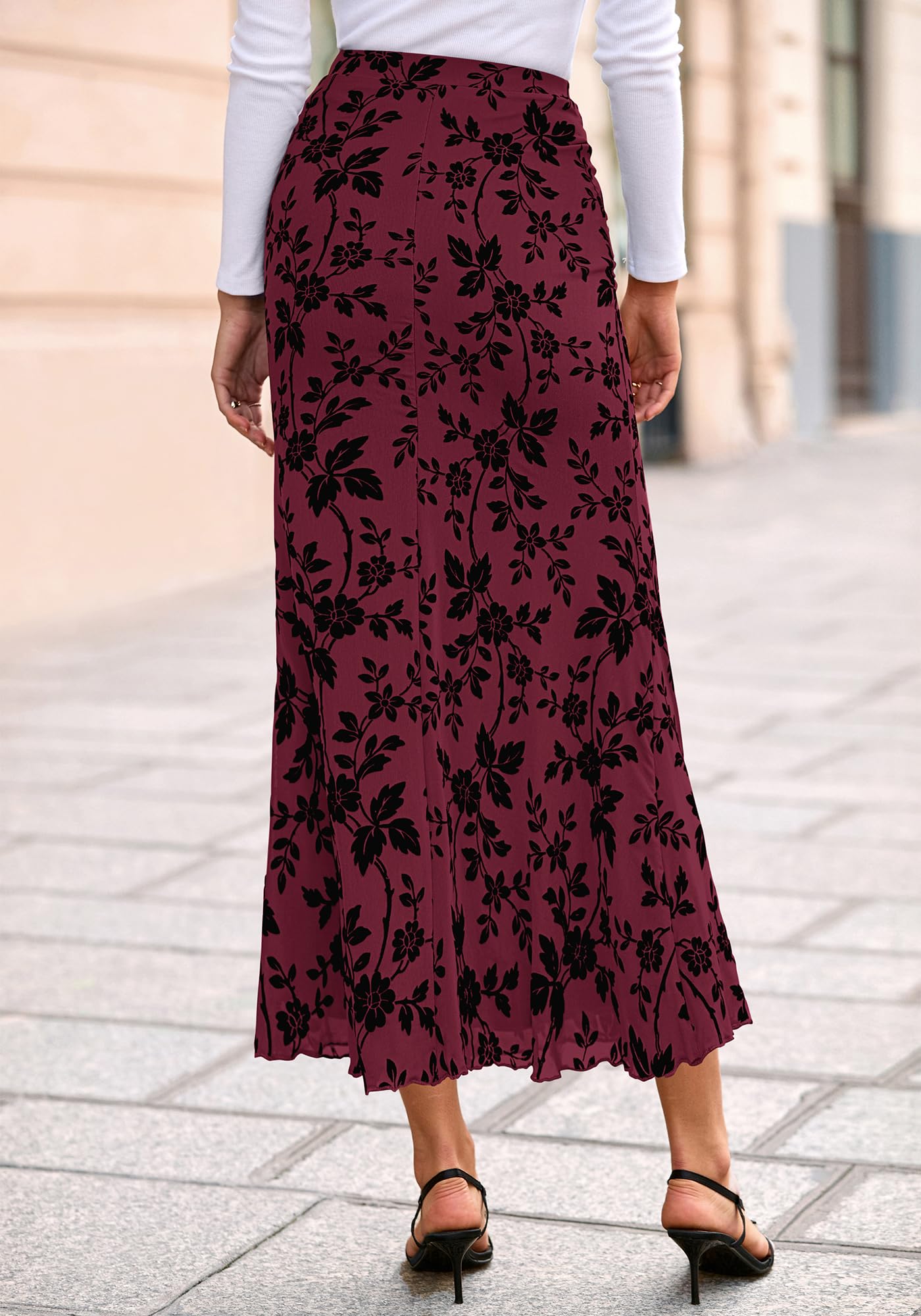 BTFBM Womens Floral Mesh Maxi Skirt Spring Summer Elastic High Waisted Boho Elegant Mermaid Long Skirts for Women