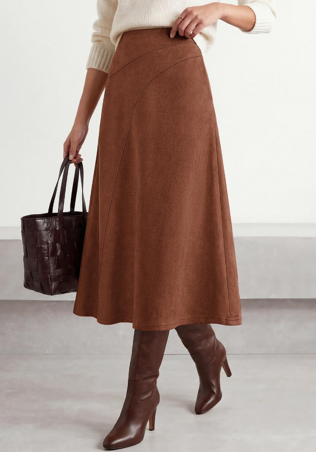BTFBM Women Faux Suede Midi Long Skirt Fall Fashion | High Waisted Skirts For Women Trendy, Lightweight, Back Elastic, Arc Line Design, A-Line, Winter Dress, Boho Western Outfits