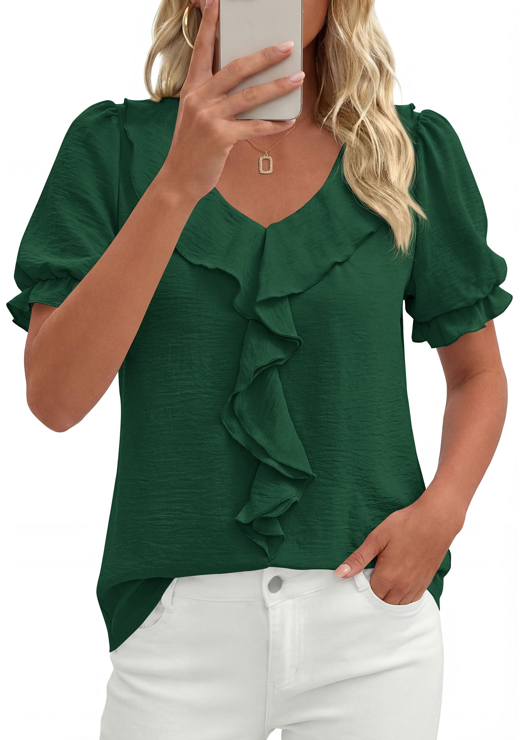 PRETTYGARDEN Women's Summer Dressy Casual Blouses Short Sleeve V Neck Ruffle Business Work Tops Trendy Spring Outfits