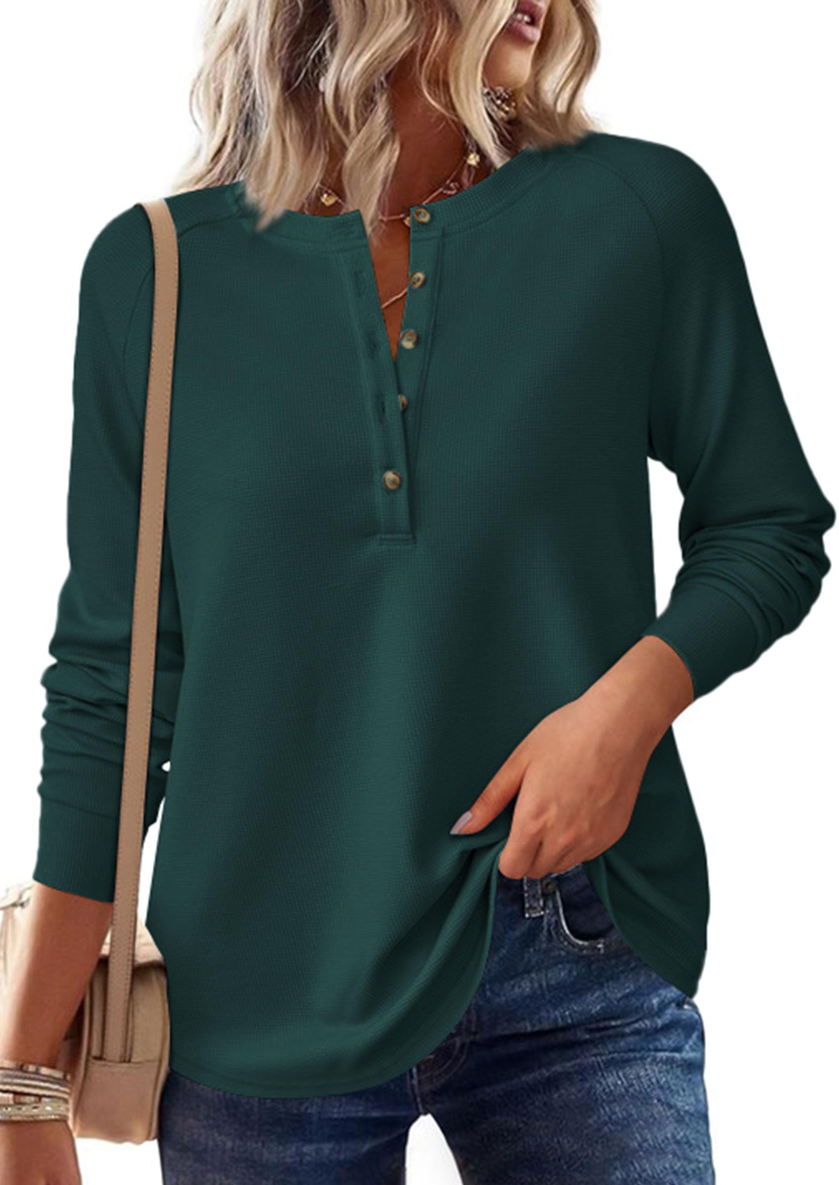PRETTYGARDEN Women's Long Sleeve Waffle Knit Shirts Fall Casual Button Up Henley V Neck Tunic Tops Loose Fit Basic Tees