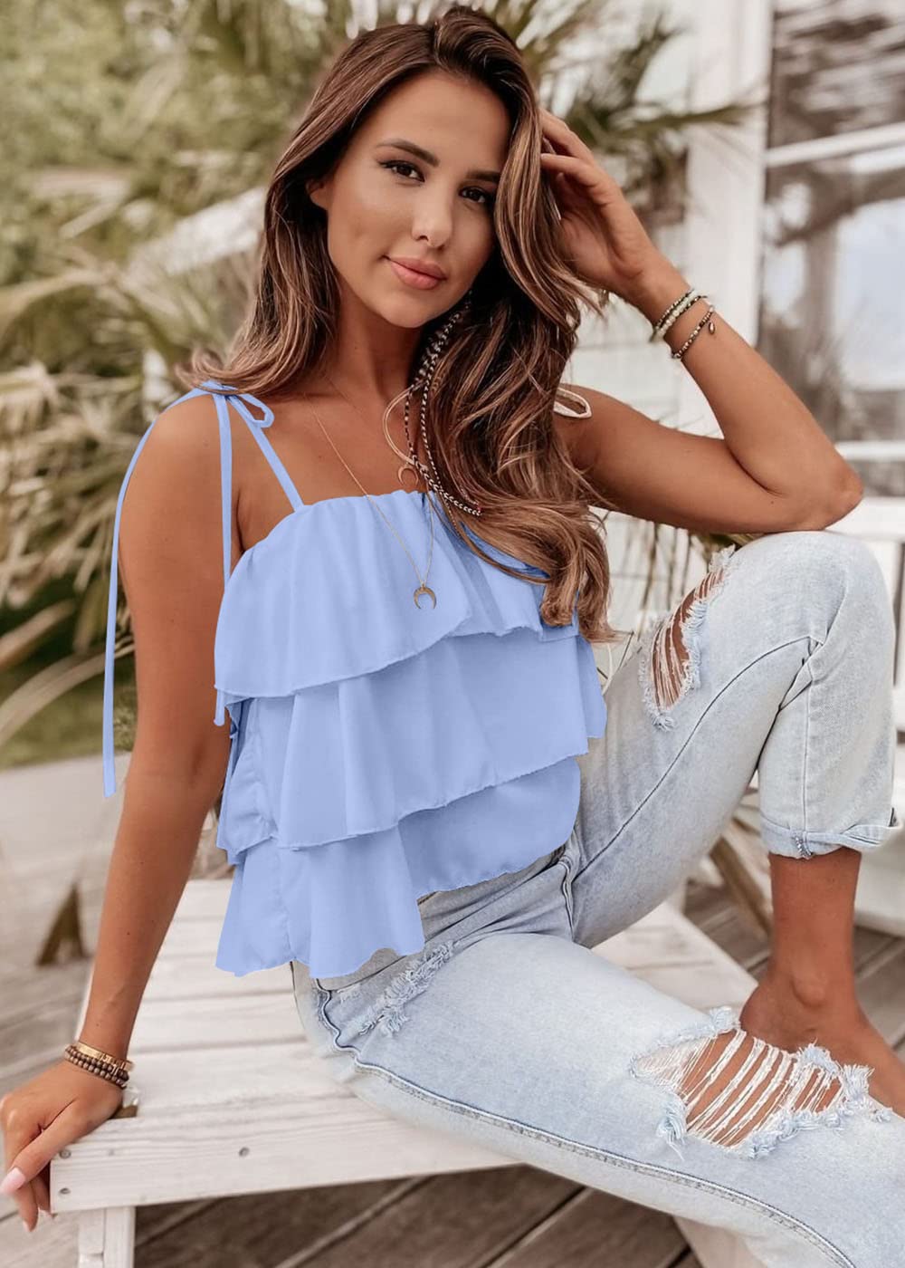 FreshPretty Spaghetti Strap Ruffle Babydoll Peplum Tank Tops for Women Summer Cute Flowy Beach Vacation Cruise Outfits