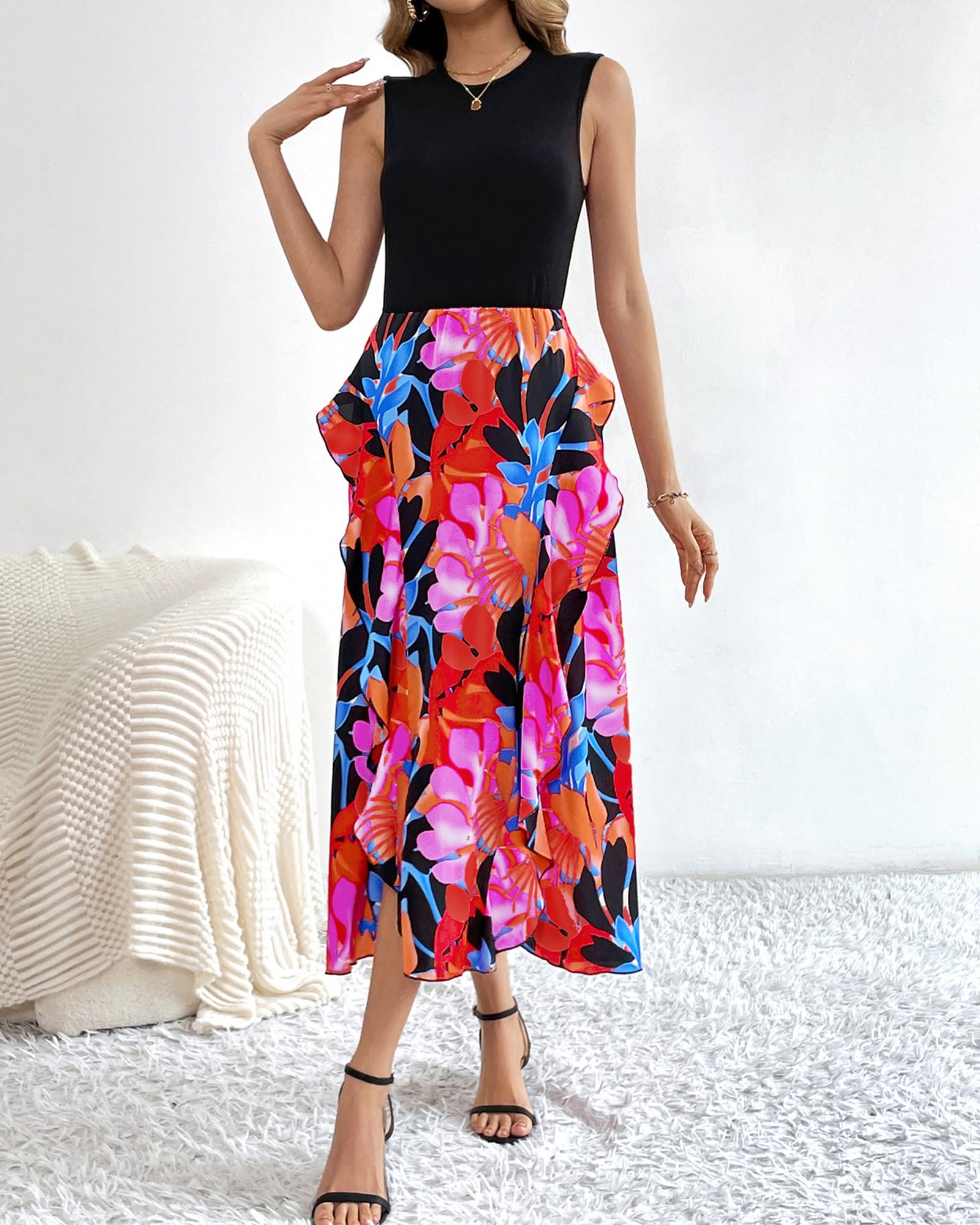 FreshPretty Women Casual Sleeveless Summer Dresses Spring Crewneck Patchwork Boho Floral Ruffle Cocktail Party Midi Dress