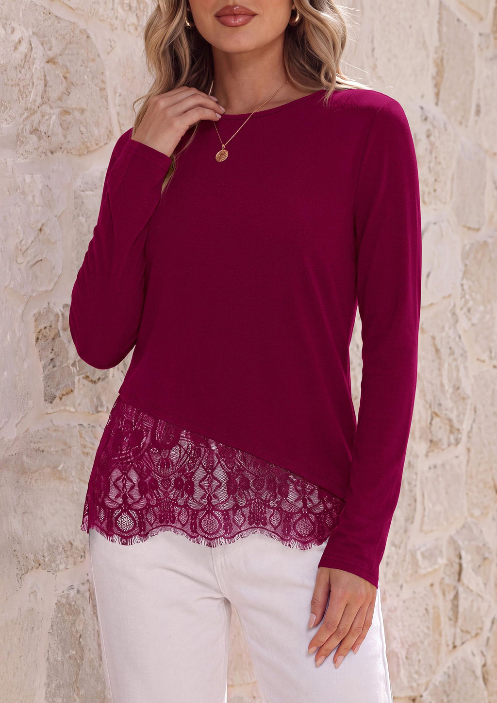 PRETTYGARDEN Women's Lace Patchwork Long Sleeve Shirts | Soft Casual Tops,Irregular Asymmetrical Hem,Crew Neck Thermal Blouses,Loose Fit Layer Tee,Fashion Fall Winter Daily Wear