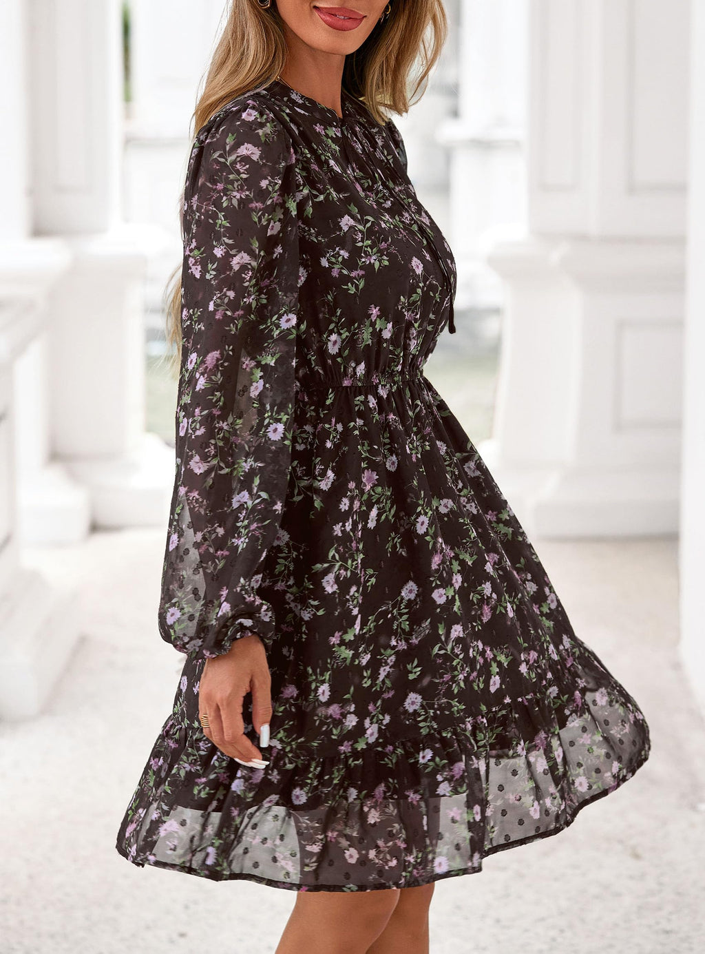 PRETTYGARDEN Women's Fall Boho Dresses  Floral Long Sleeve V Neck Mini Flowy Wedding Guest Dress Trendy Vacation Outfits