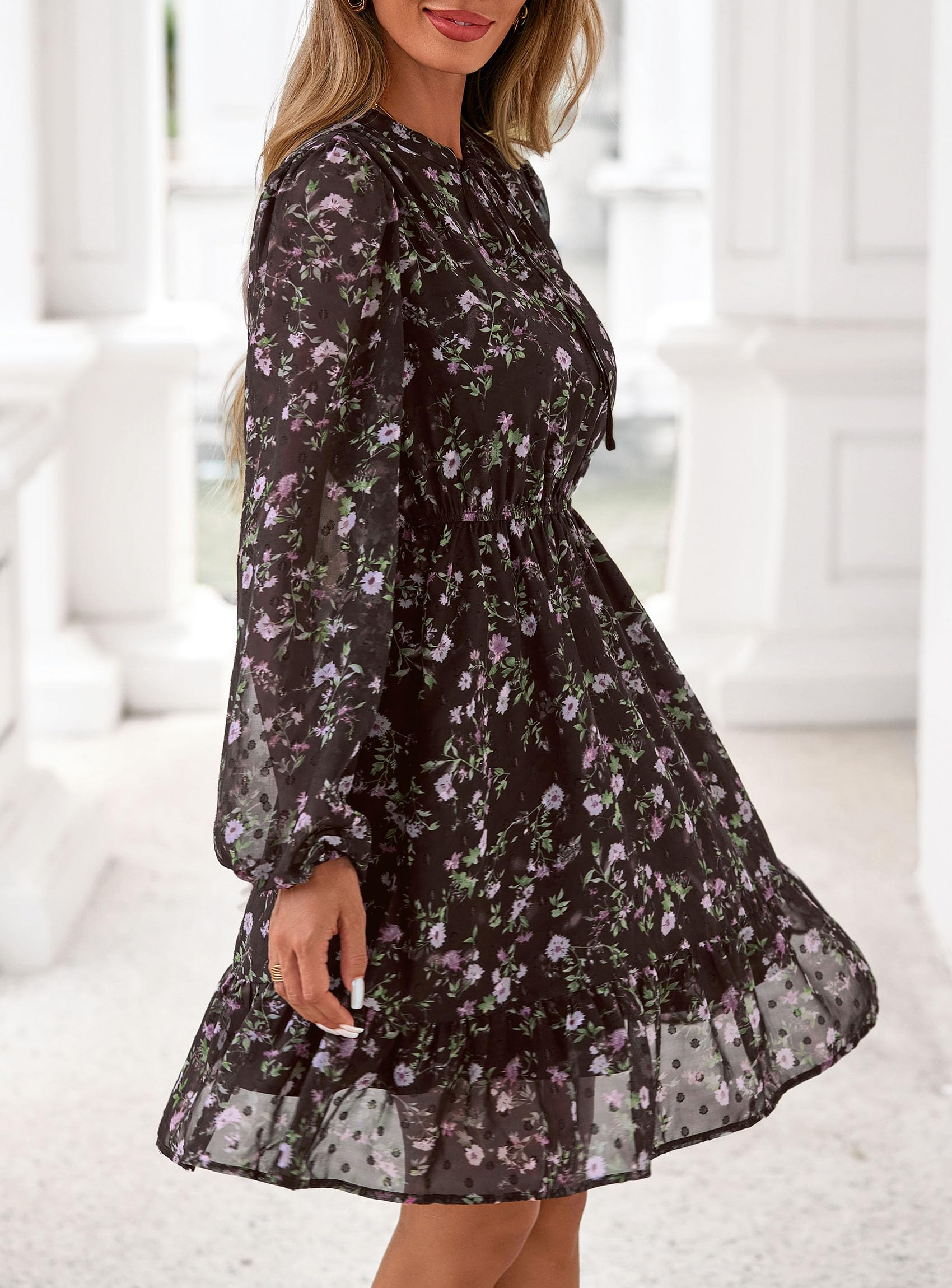 PRETTYGARDEN Women's Fall Boho Dresses  Floral Long Sleeve V Neck Mini Flowy Wedding Guest Dress Trendy Vacation Outfits