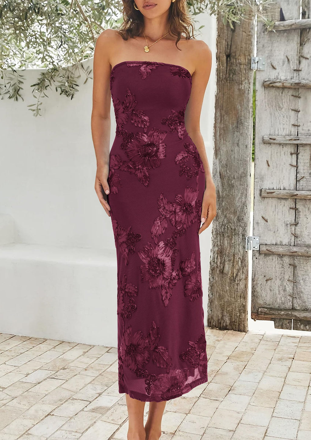 PRETTYGARDEN Women's Summer Wedding Guest Floral Midi Dress Strapless Tube Top, Side Slit, Bodycon Mesh, Elegant Cocktail Dresses for Homecoming Party, Birthday, Dinner, Formal Gowns