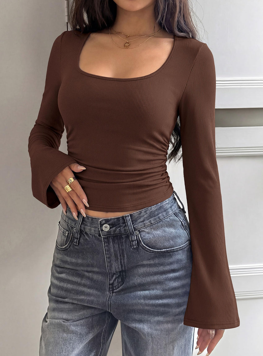 PRETTYGARDEN Womens Bell Long Sleeve Shirts Going Out Tops | Soft Stretchy Ribbed Knit, Square Neck, Slim Fit Y2K Clothes, Trendy Side Ruched, Layering Tee for Casual Fall & Winter Wear