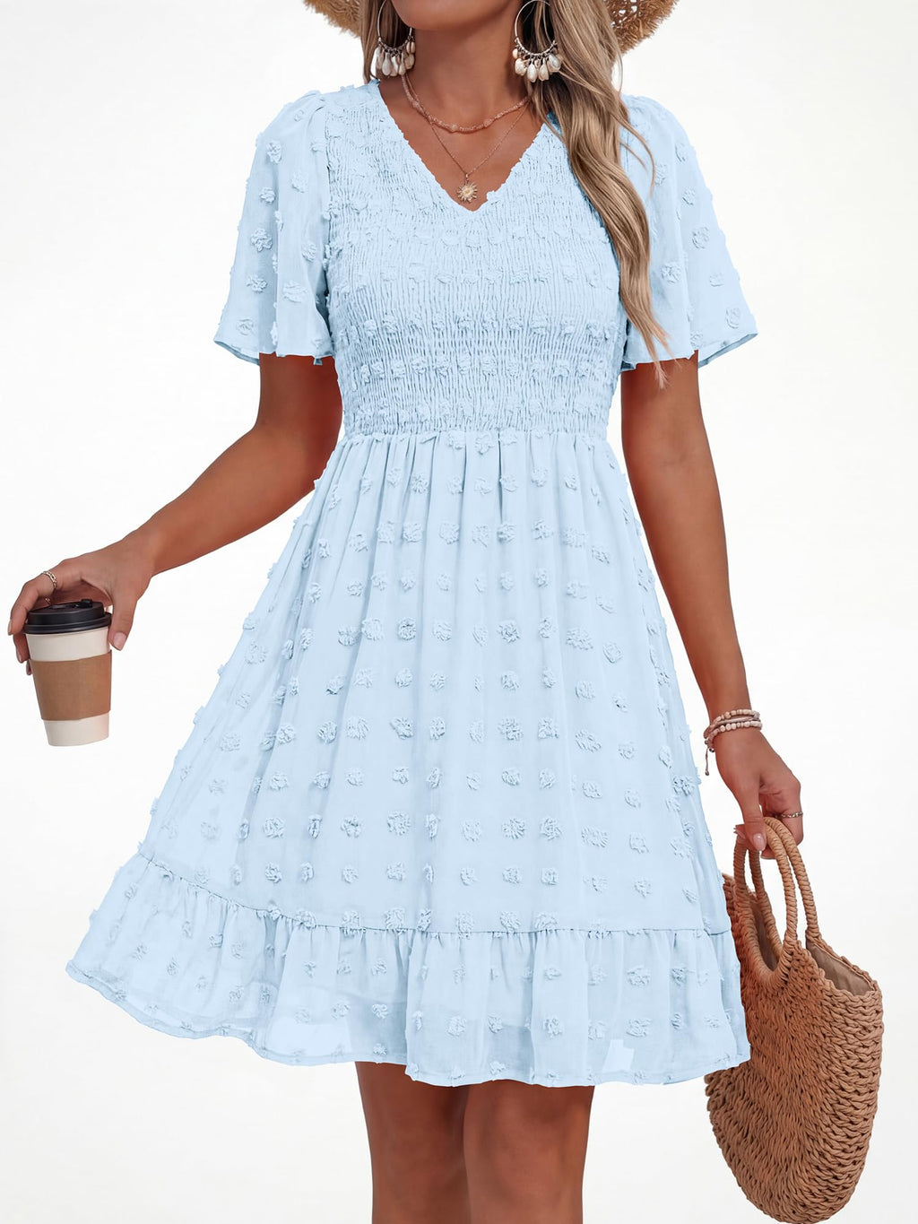 FreshPretty Womens Beach Vacation Dress Summer V Neck Short Sleeve Smocked Swiss Dot Ruffle Casual Mini Spring Dresses