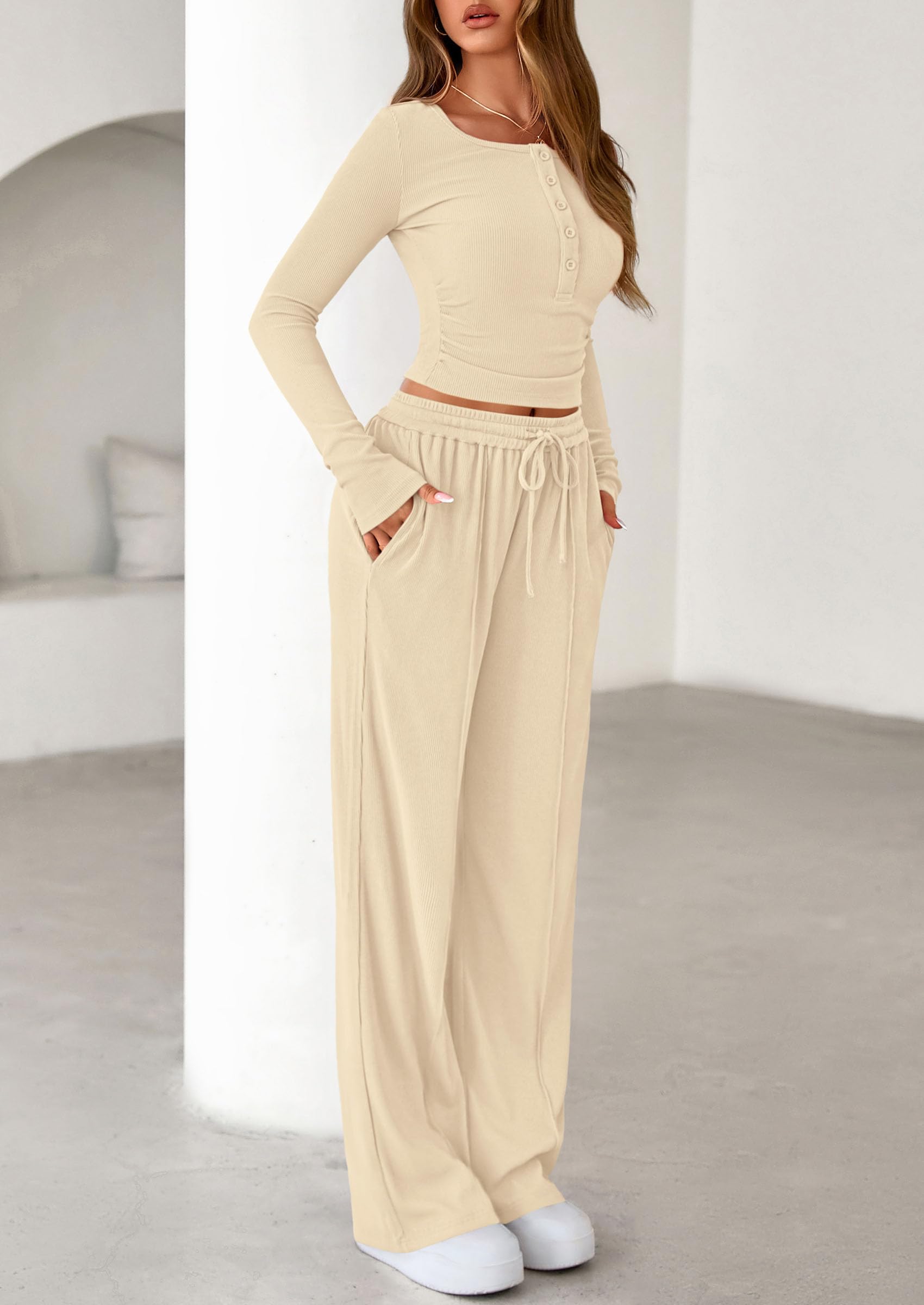 PRETTYGARDEN Women's  Fall Trendy 2 Piece Outfits Lounge Sets Long Sleeve Top Henley Shirts Wide Leg Pants Travel Clothes