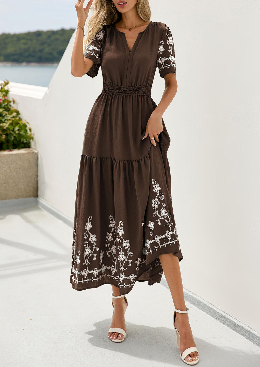 PRETTYGARDEN Women's Summer Boho Maxi Dress Spring Floral Short Sleeve V Neck A Line Flowy Beach Wedding Guest Dresses