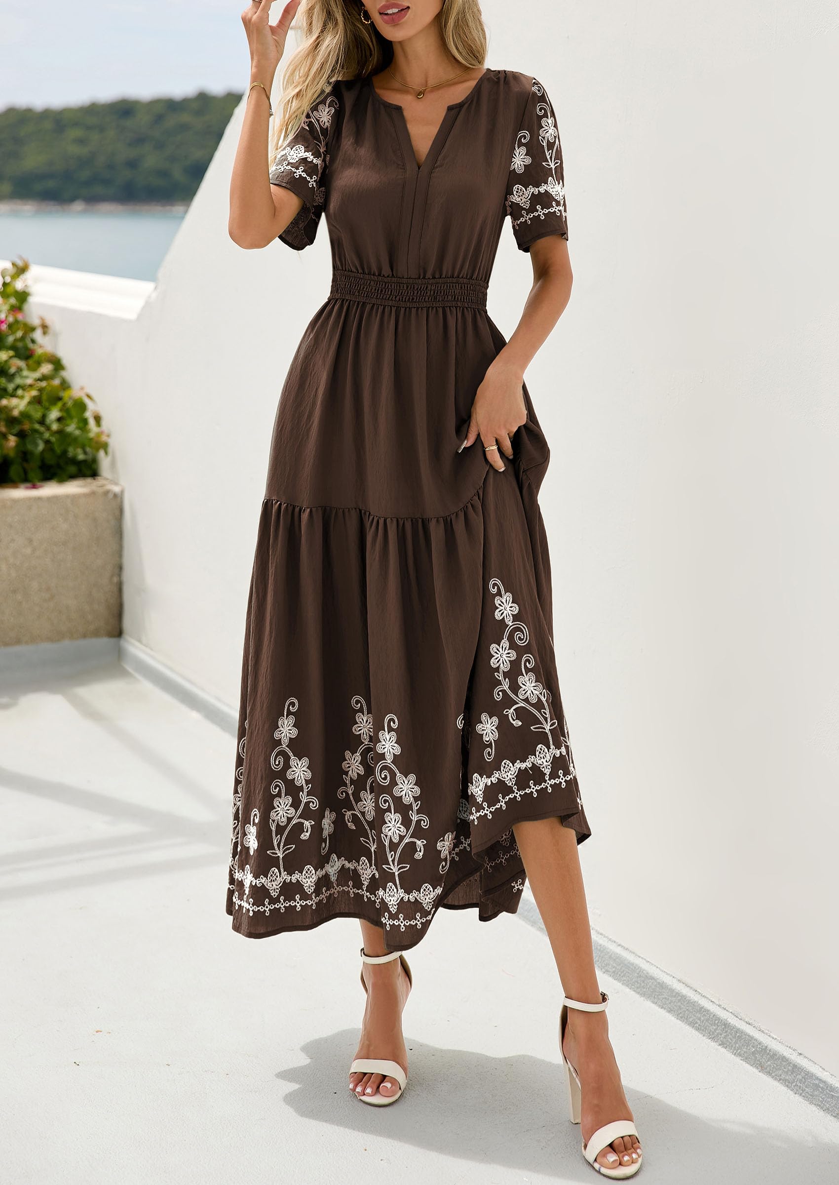 PRETTYGARDEN Women's Summer Boho Maxi Dress Spring Floral Short Sleeve V Neck A Line Flowy Beach Wedding Guest Dresses