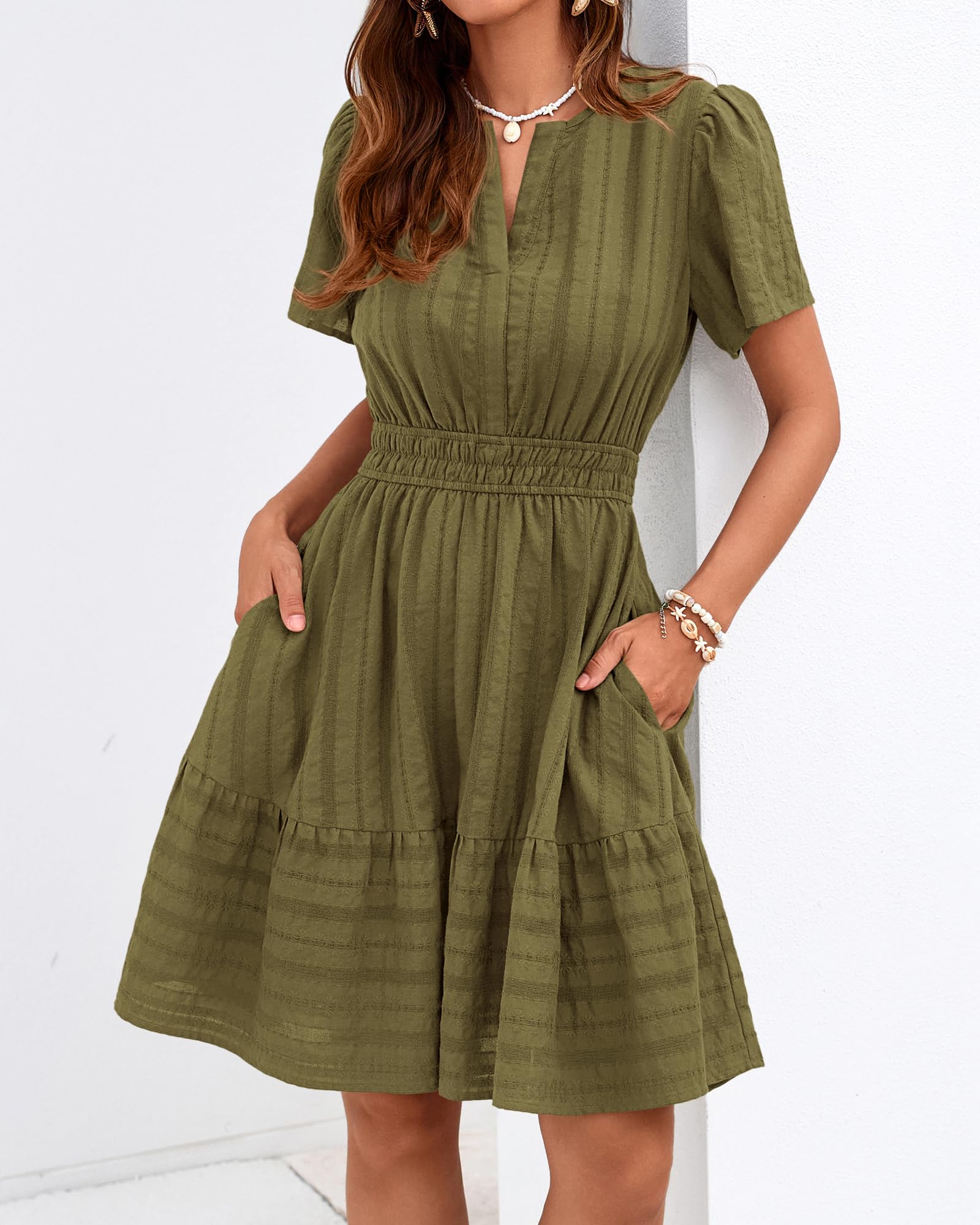 BTFBM Womens Spring  Casual Mini Dresses Lightweight Short Sleeve V Neck Elastic Waist Cute Boho Beach Dress Pockets