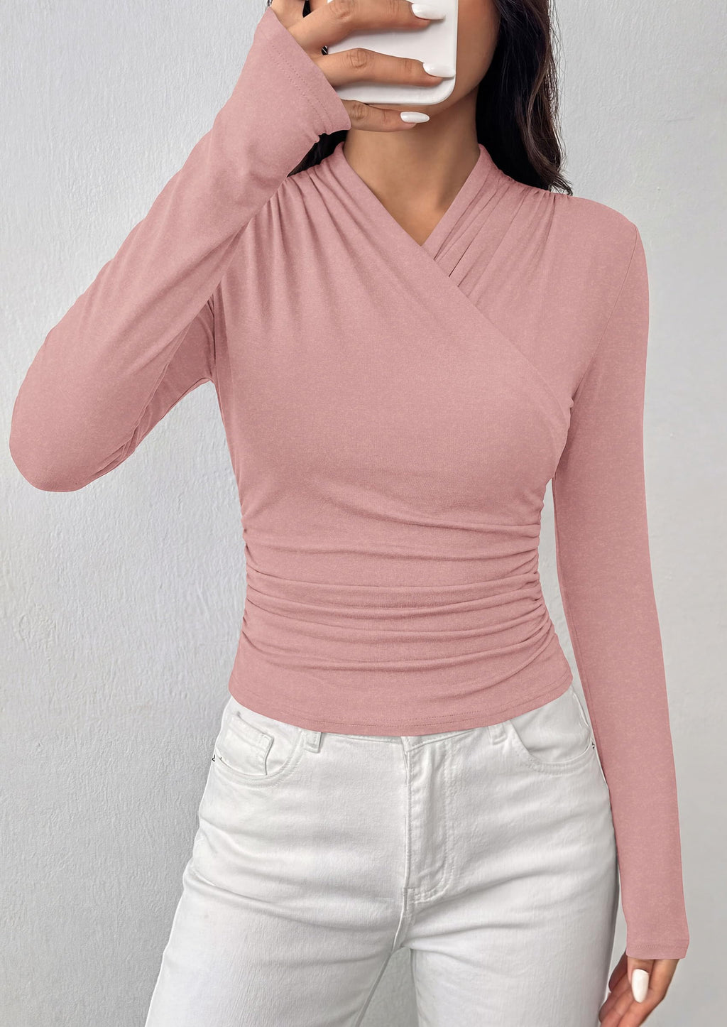 PRETTYGARDEN Womens Long Sleeve Shirts Going Out Wrap Top | Soft Heathered Stretchy Viscose Fitted Blouse, V Neck Ruched Waist Dressy Tops, Office Business Casual Fall Winter Daily Wear