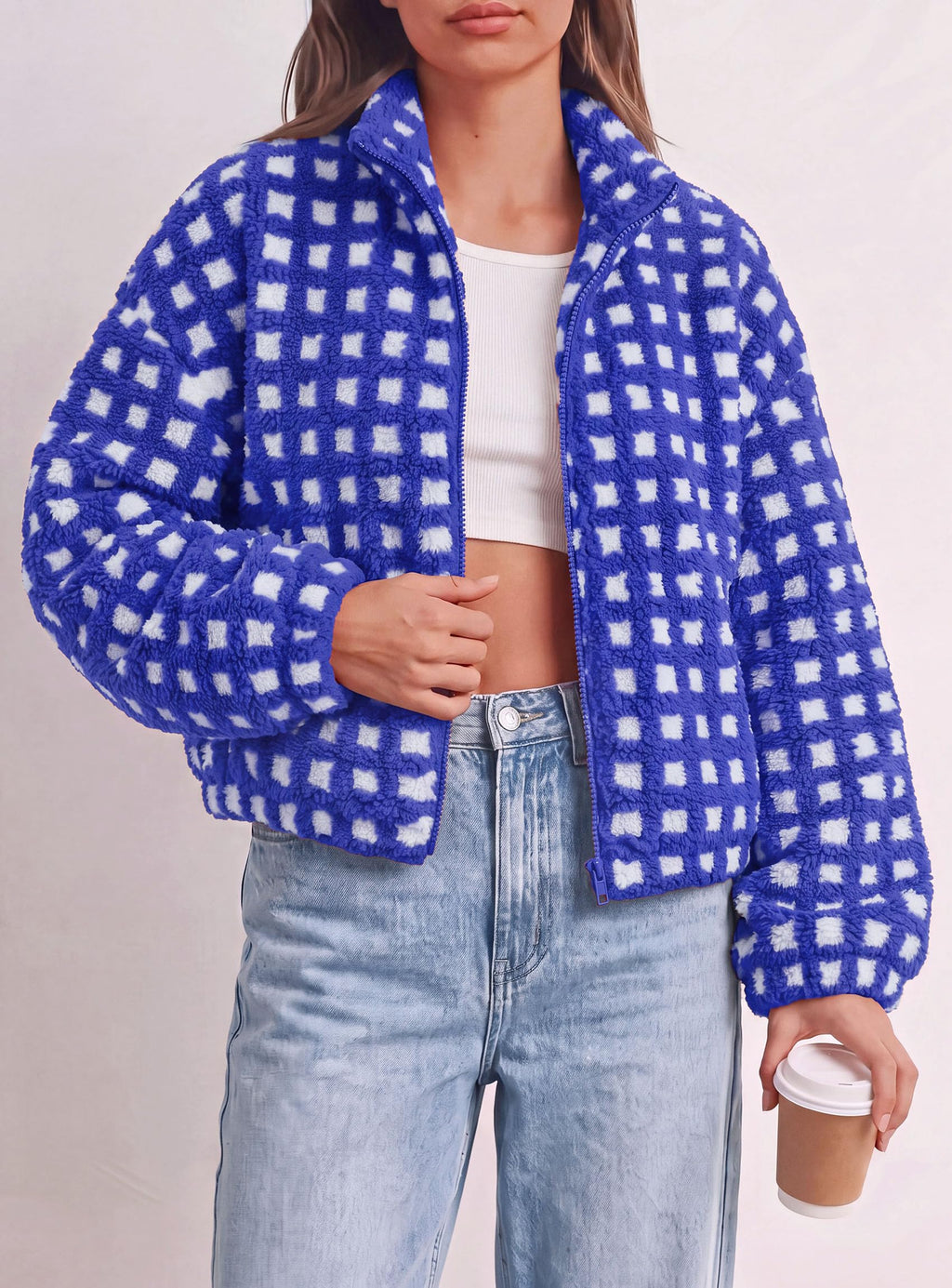 PRETTYGARDEN Women's Gingham Sherpa Fleece Jacket Plaid Cropped Teddy Coat Trendy Y2K Winter Jacket, Zip Up Stand Collar, Side Pockets, Fall Outfit for Casual Daily, Going Out, Streetwear, Outdoor