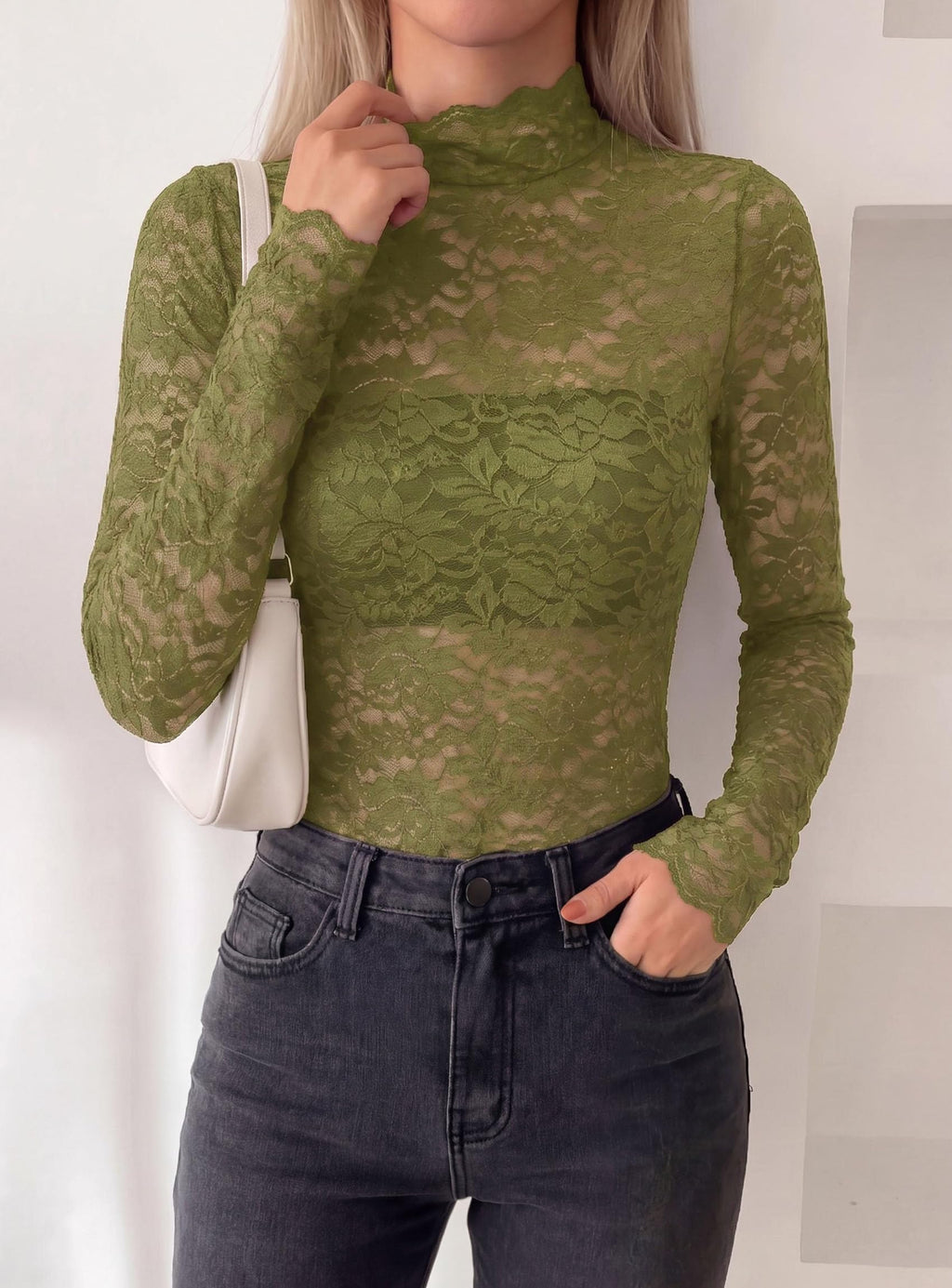 PRETTYGARDEN Womens Lace Long Sleeve Tops Sheer Mesh Blouse | Mock Neck Floral See Through, Slim Fitted, Soft Stretchy Elegant, Going Out Concert, Club Party Outfits, Fall Fashion Clothes