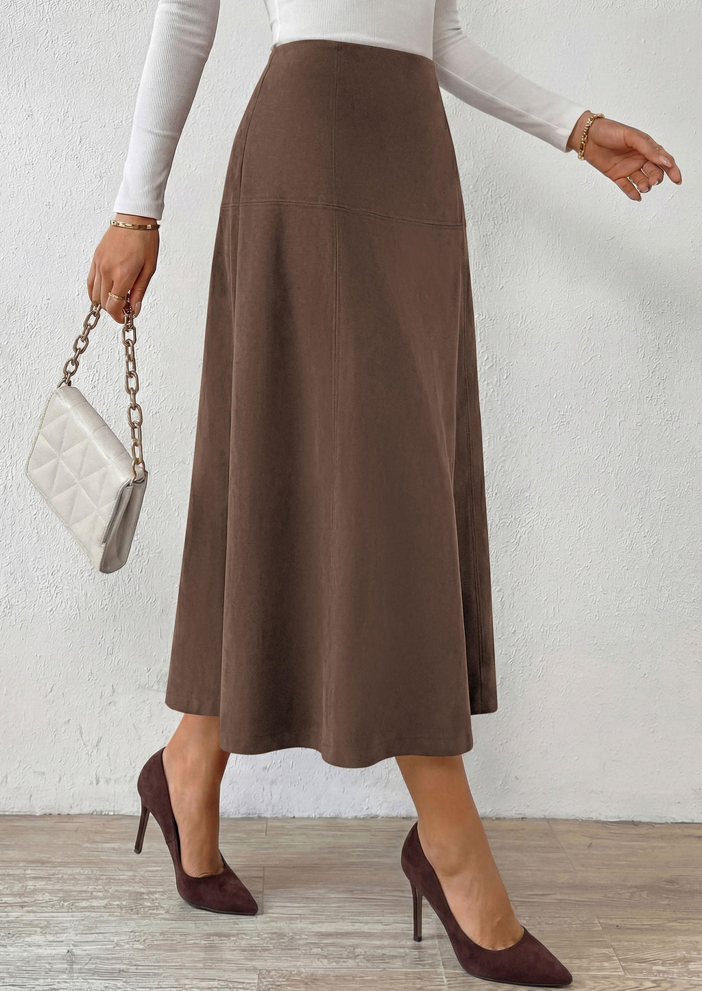 PRETTYGARDEN Womens High Waist Faux Suede A Line Midi Skirt | Hidden Stretch Elastic Waist, Front Back Panel Stitching, Vintage Elegant Mid-Calf Long Skirts for Fall Winter Office Daily