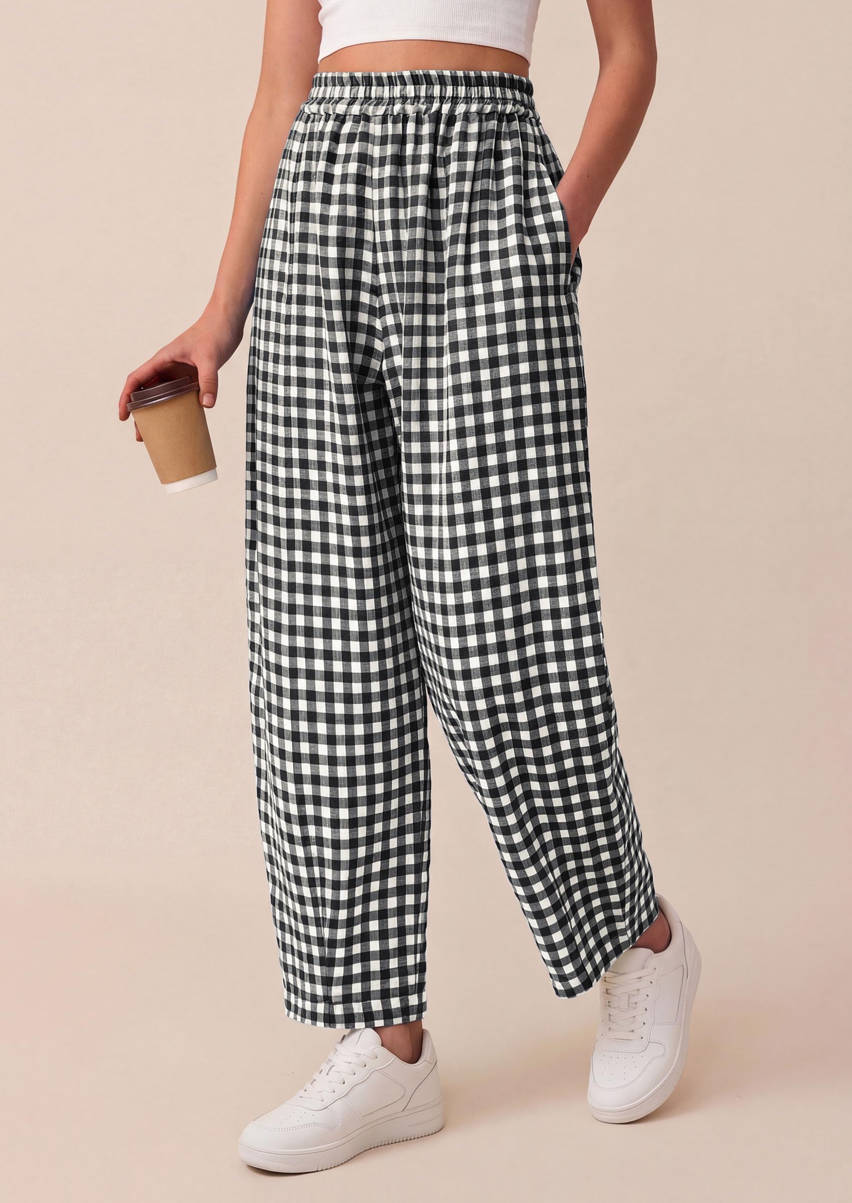 PRETTYGARDEN Plaid Barrel Pants Women Summer Casual Loose Wide Leg Lounge Gingham Trousers Spring Fashion Beach Bottoms