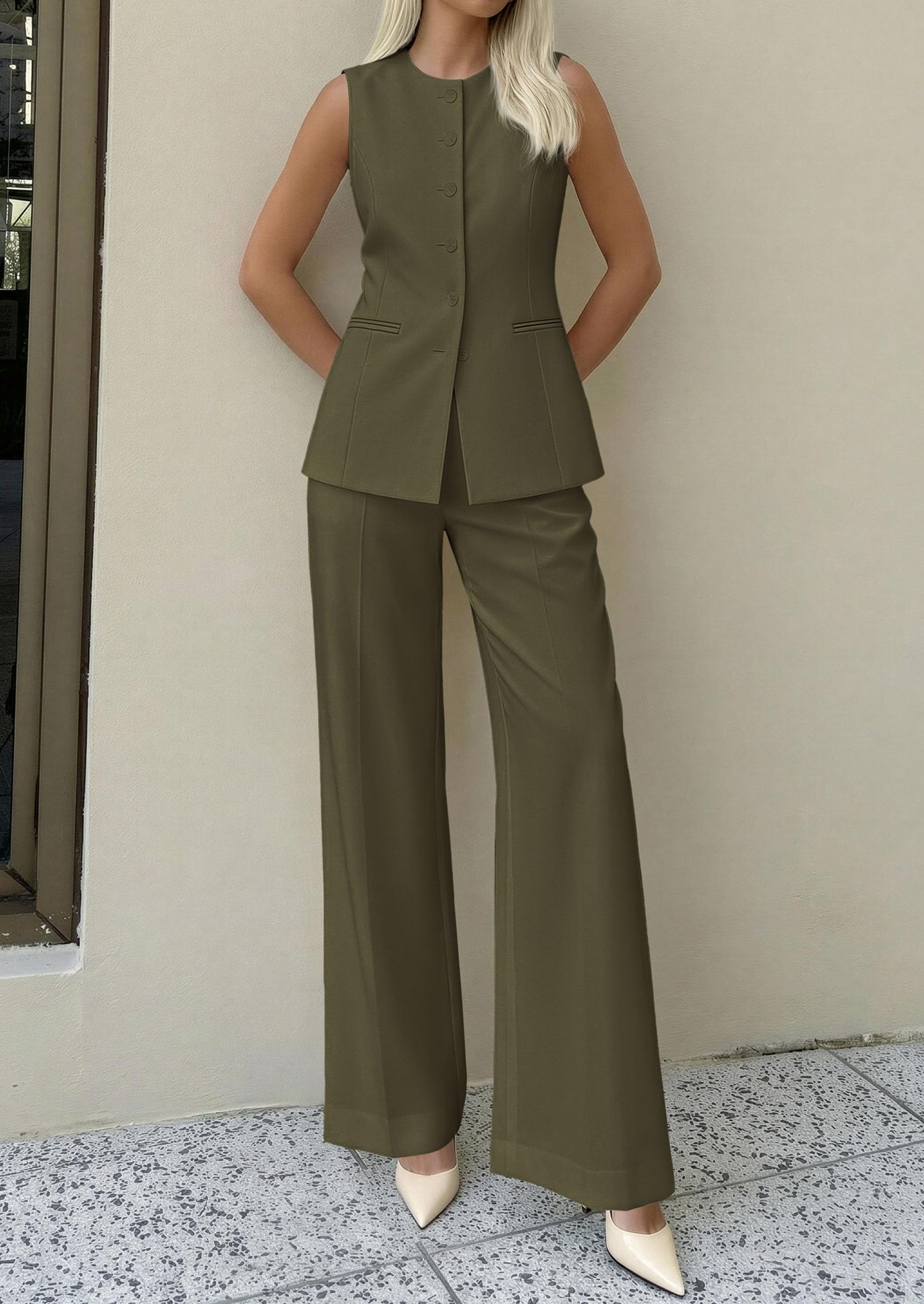 PRETTYGARDEN Women's 2 Piece Sets Summer  Work Clothes Sleeveless Blazer Vest Pants Suits Spring Business Casual Outfits