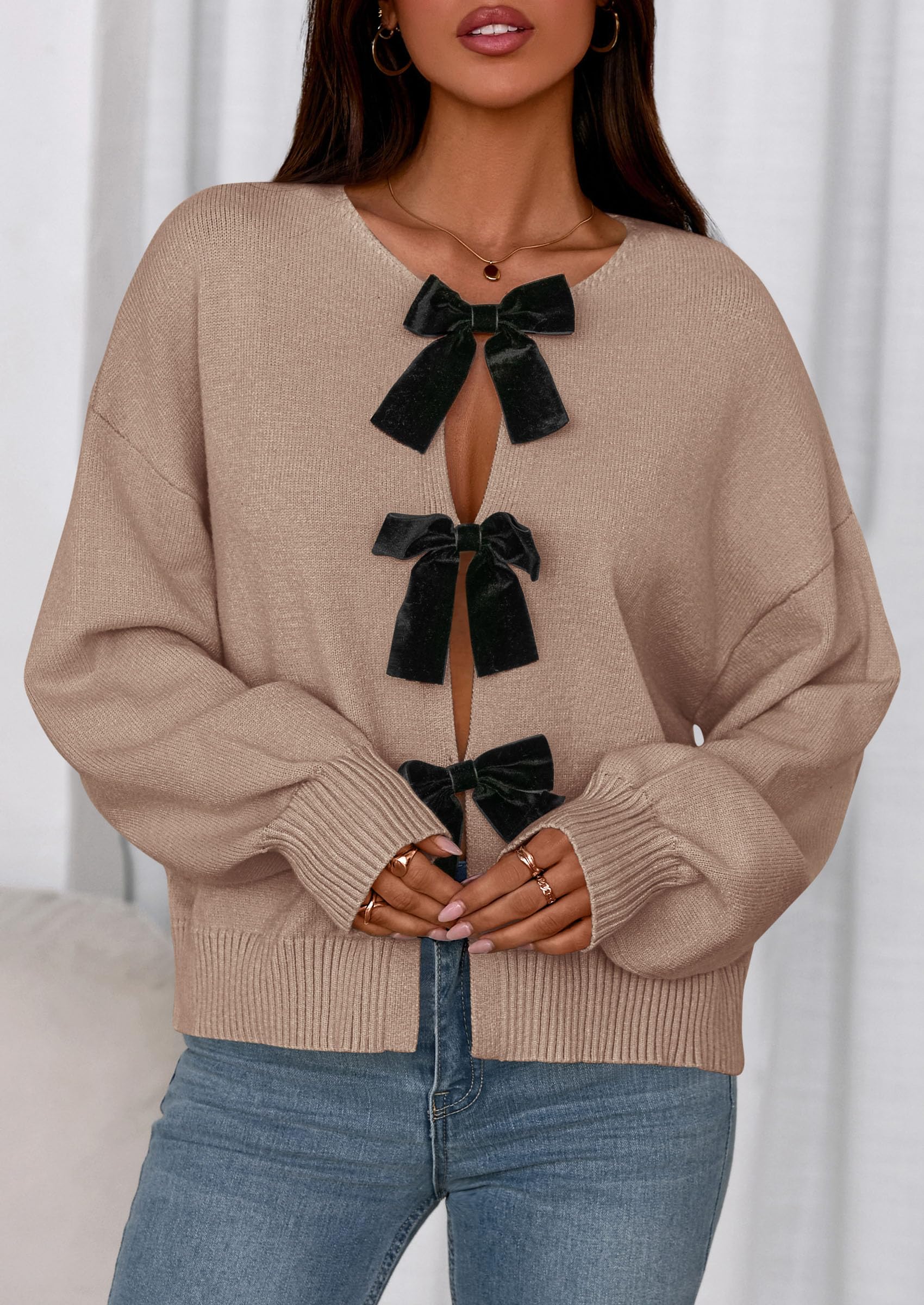 PRETTYGARDEN Cardigan Sweaters for Women Fall Fashion Bow Tie Front Long Sleeve Knit Sweater Tops Cute Winter Clothes