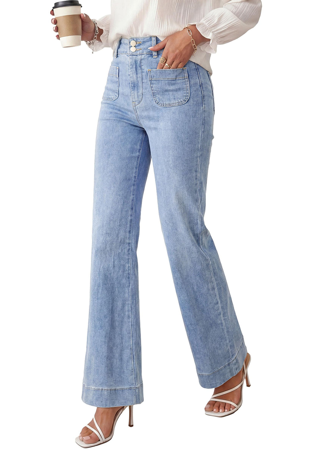 PRETTYGARDEN Womens Wide Leg Jeans High Waisted Stretchy | High Rise Flare Jeans with Front Patch Pockets, Loose Fit Daily Wear Denim, Trendy Office Work Pants, Business Casual Outfits