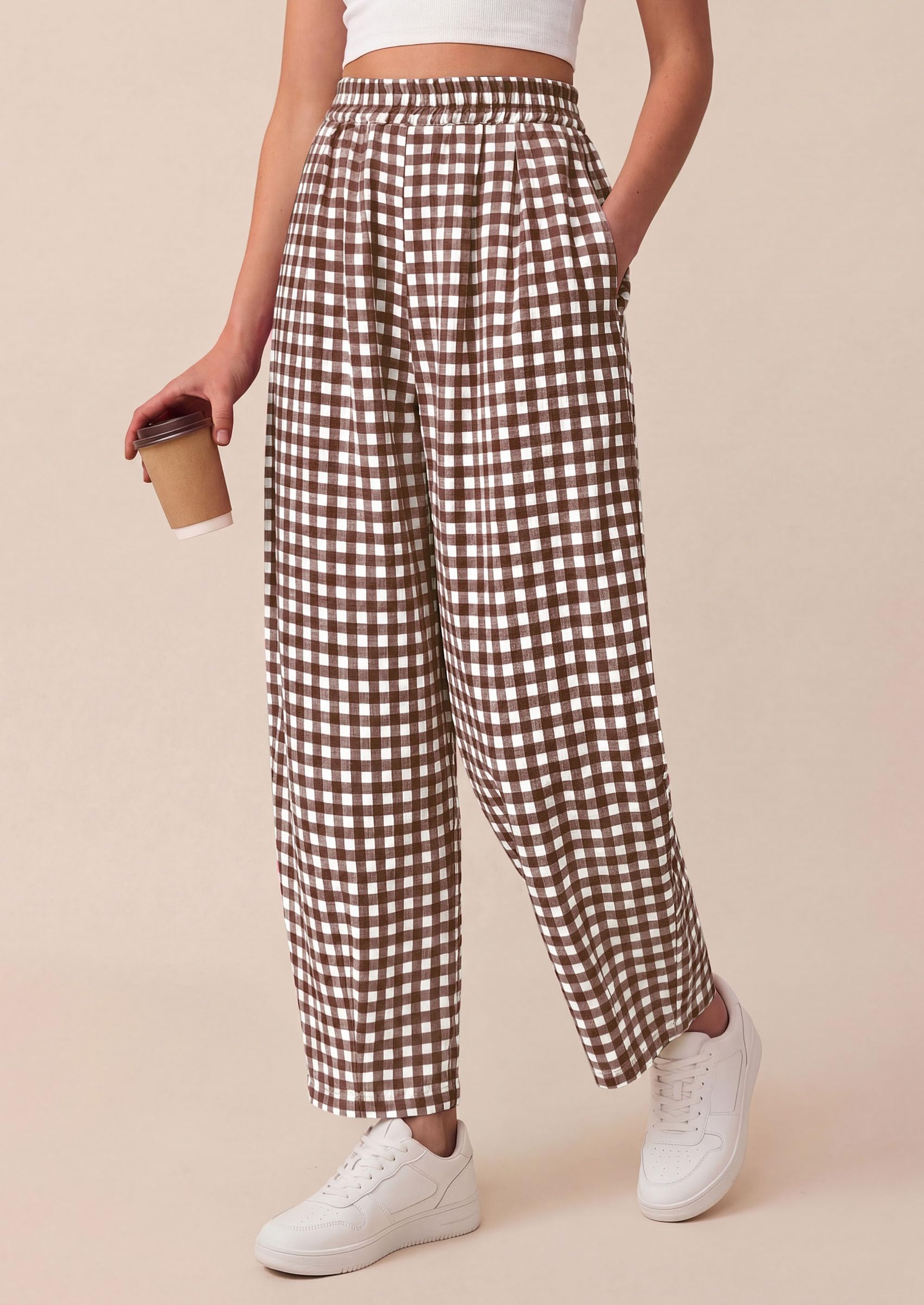 PRETTYGARDEN Plaid Barrel Pants Women Summer Casual Loose Wide Leg Lounge Gingham Trousers Spring Fashion Beach Bottoms