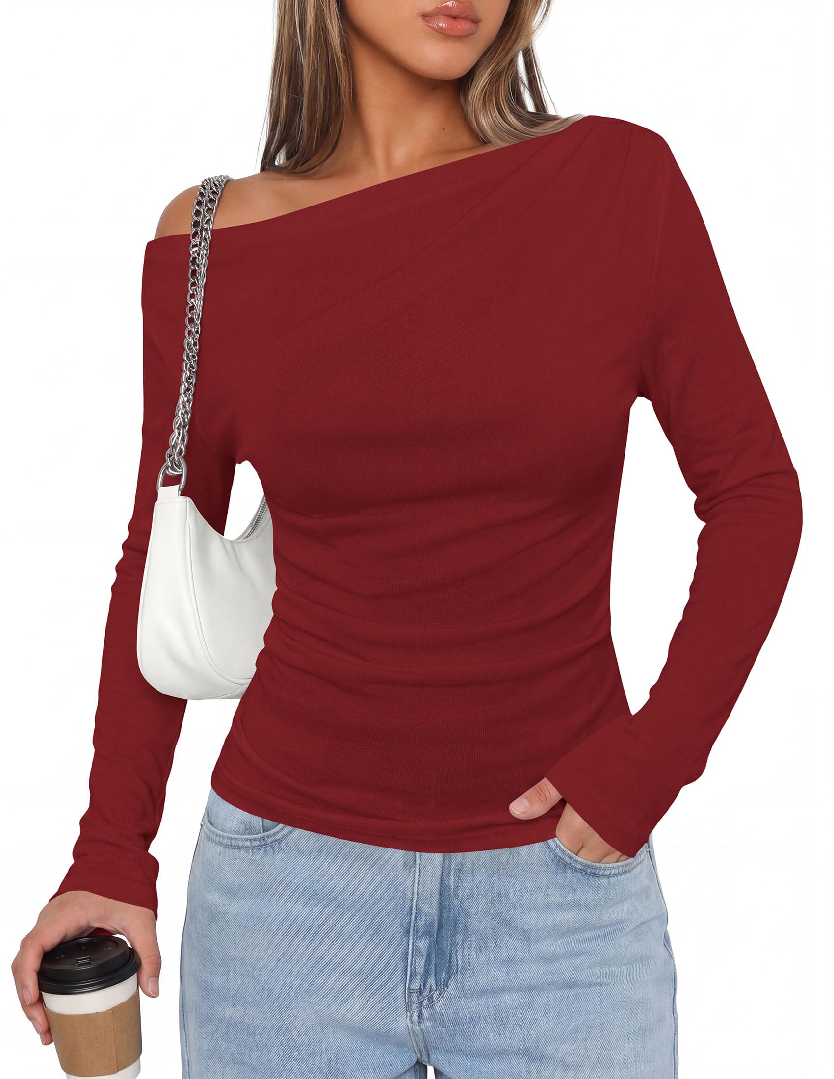 PRETTYGARDEN Womens Off The Shoulder Tops Long Sleeve Shirts | Going Out Tops, Ruched Slim Fit Asymmetrical Neck, Cute Date Night Outfits, Work Dressy Blouses, Fall Fashion Winter Clothes