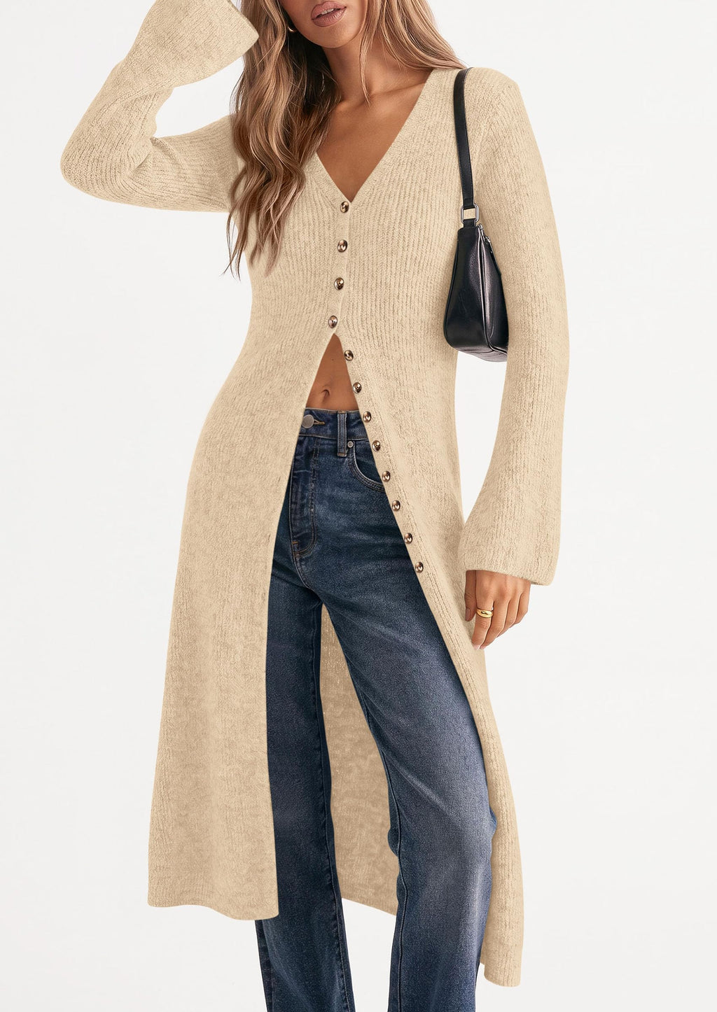 PRETTYGARDEN Women Long Cardigan Bell Sleeve Sweater Dress Early Fall Fashion, V Neck Button Down Coats, Fit and Flare, Duster Sweater, Acrylic Cotton Blend