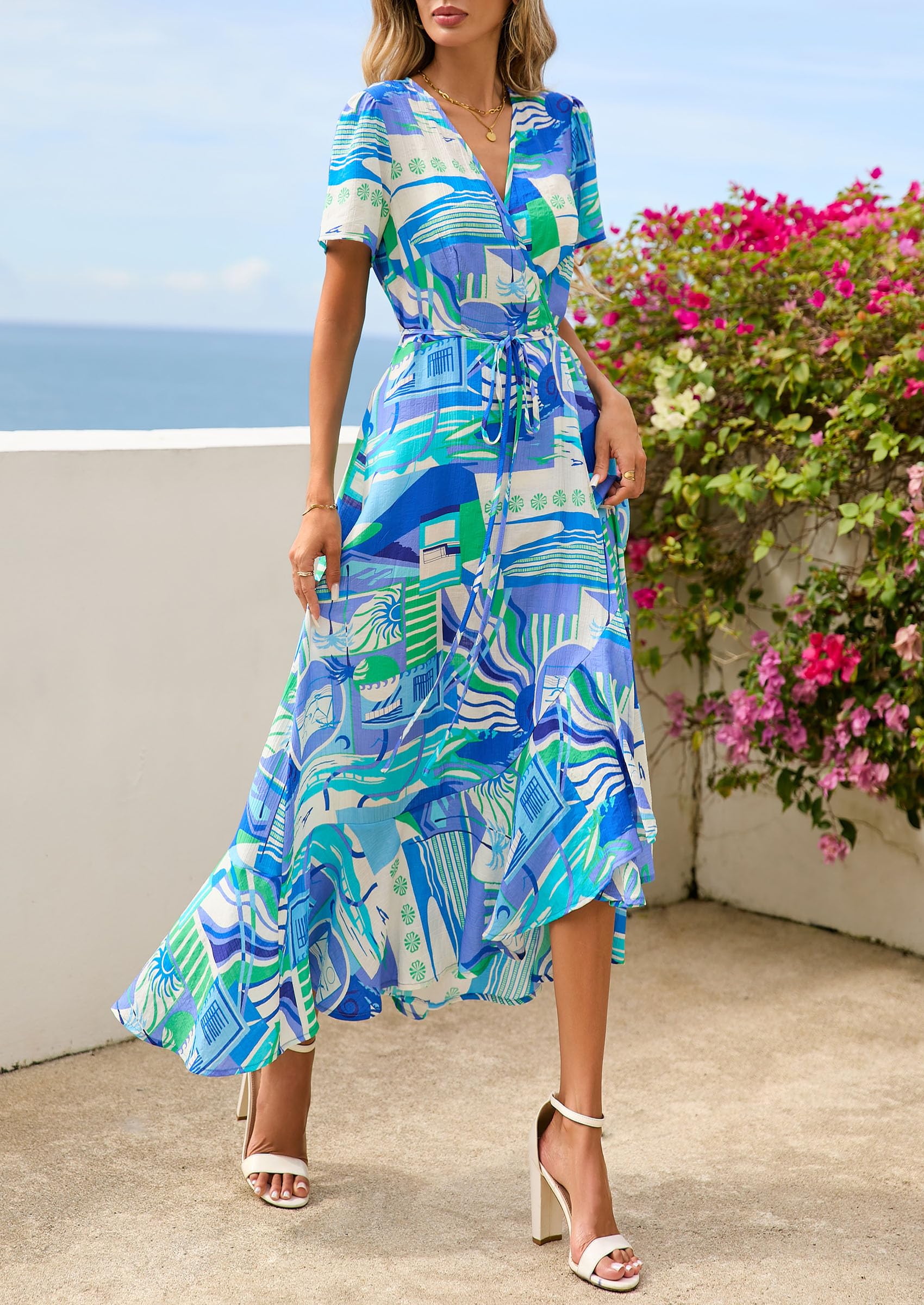 PRETTYGARDEN Women's Summer Maxi Dress Casual Wrap Floral Boho Short Sleeve V Neck Split Ruffle Beach Long Dresses