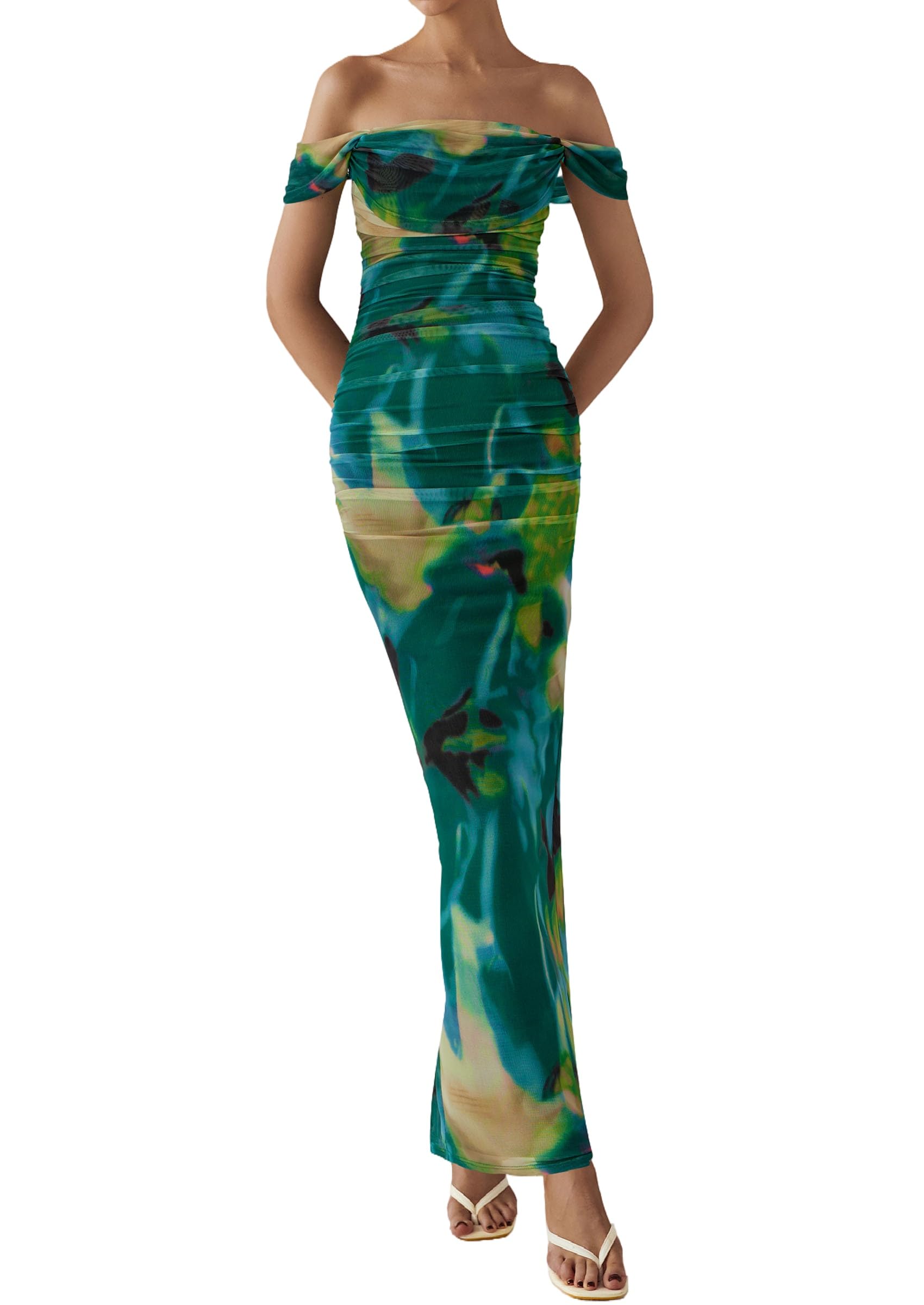 PRETTYGARDEN Cocktail Dresses for Women Summer Floral Off Shoulder Ruched Mesh Elegant Wedding Guest Maxi Dress