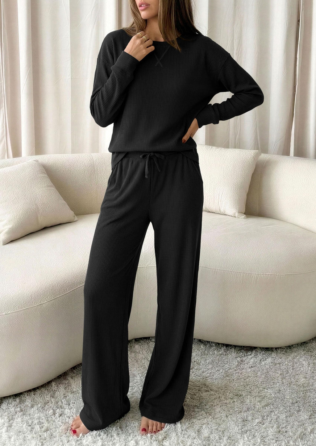 PRETTYGARDEN Sweatsuits Women 2 Piece Airport Travel Outfits | Ribbed Knit Lounge Sets, Casual Athleisure Wear, Matching Long Sleeve Shirts & Wide Leg Pants Pockets, Fall Winter Clothes