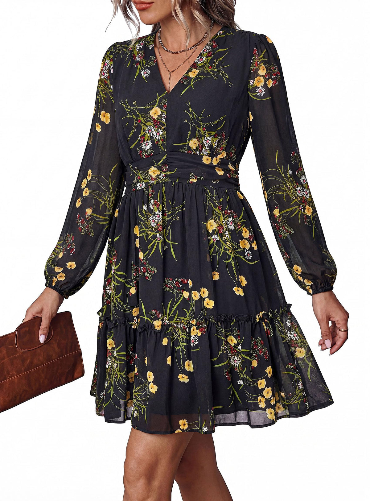 PRETTYGARDEN Women Floral Long Sleeve Mini Dress | Fall Wedding Guest Dresses, V Neck, Fit & Flare, Ruffle Hem A-Line, Short Chiffon Dress, Elegant Holiday Party, Date Outfits