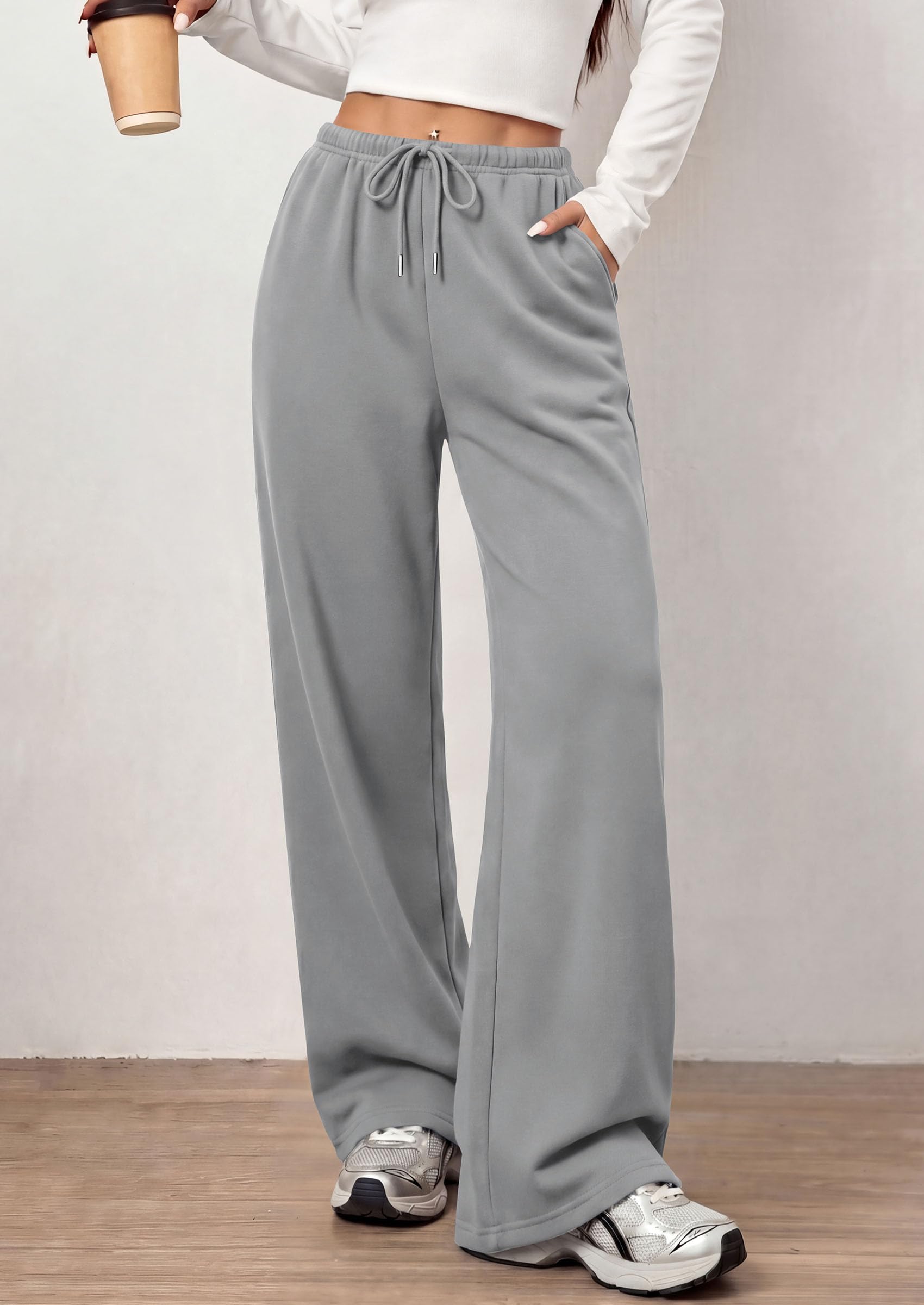 PRETTYGARDEN Womens Wide Leg Sweatpants Fleece Lounge Pants | Elastic Drawstring Waist,Baggy Jogger Yoga Sweat pants,Pockets,Fall Winter Clothes,Loose Daily Casual & Loungewear Trousers