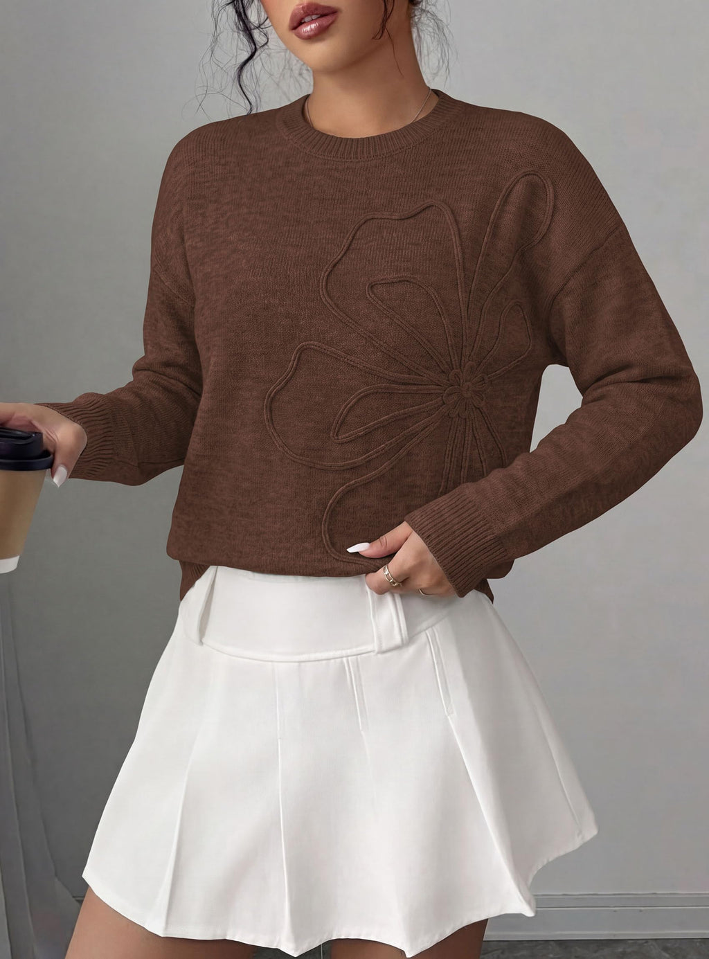 PRETTYGARDEN Women Fall Sweaters Trendy Floral Knit Pullover | Flower Embroidered Tops, Crew Neck, Soft Long Sleeve Shirts, Cozy Winter Layering Clothes for Casual Outing, Holiday Party