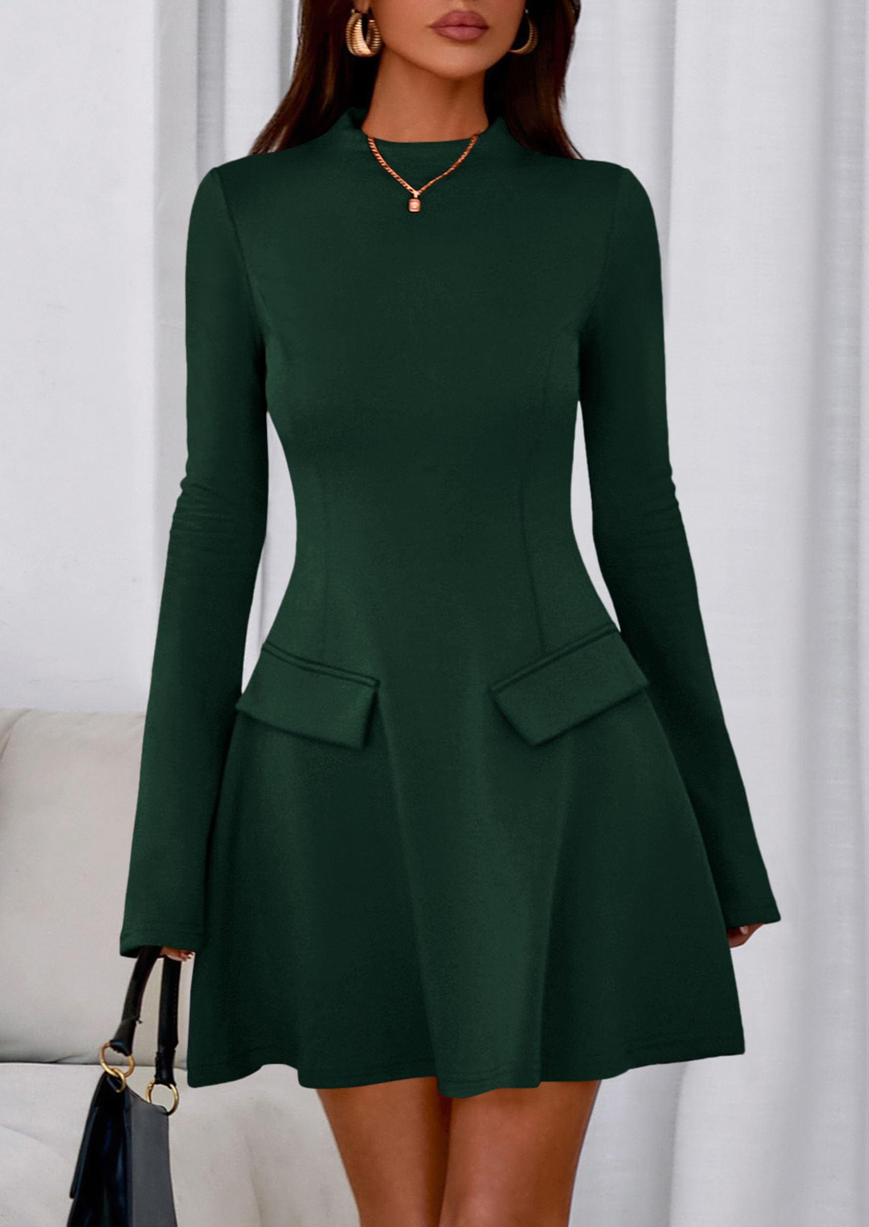 PRETTYGARDEN Women's Elegant Holiday Short Dress  Fall Bell Long Sleeve Mock Neck Work Business Casual Party Mini Dress